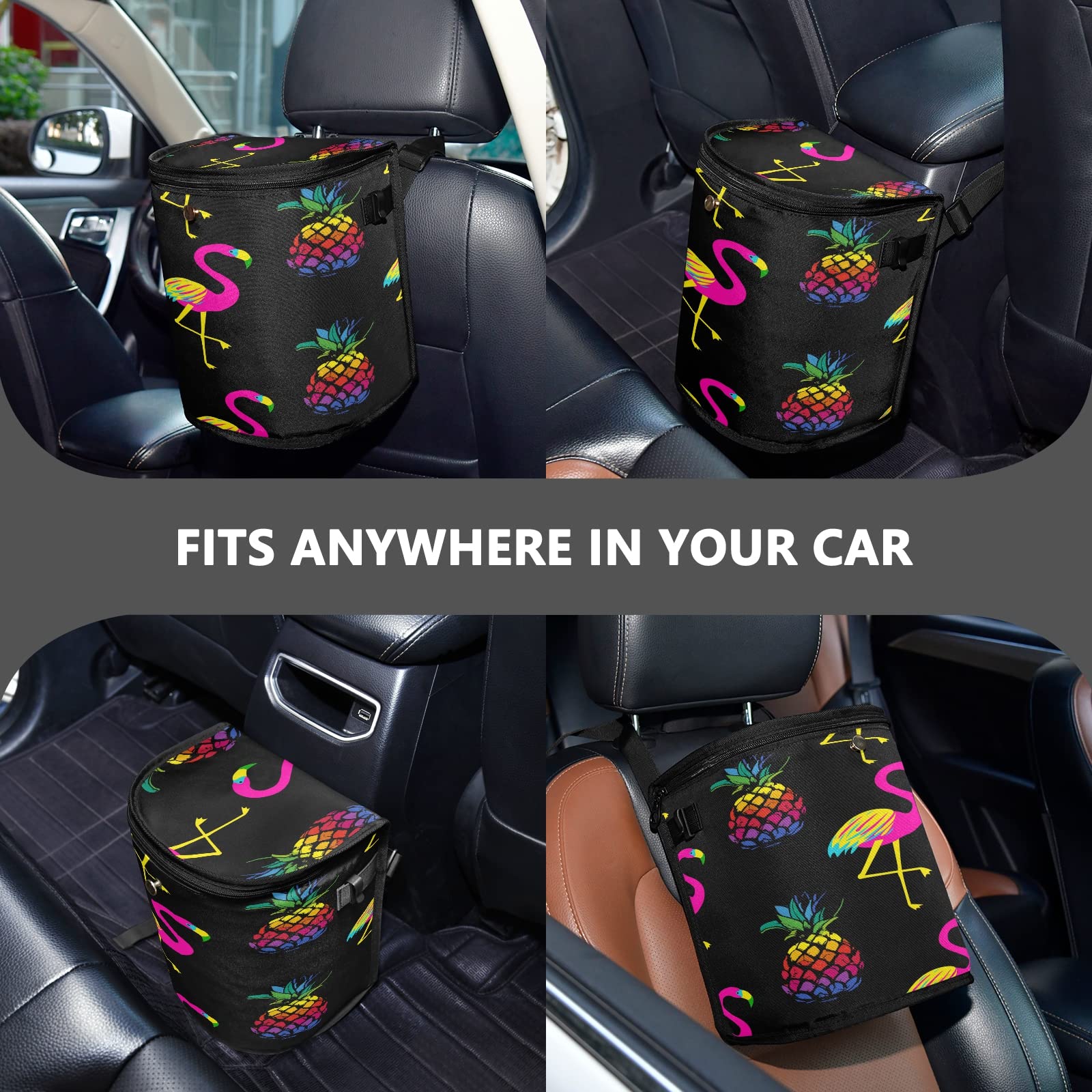 Leak Proof Car Trash Can with Aluminum Film - Waterproof Hanging Car Garbage Bin Organizer - Multipurpose Vehicle Waste Basket for Road Trips, Camping & Daily Commute (Colorful Flamingo & Pineapple Design)