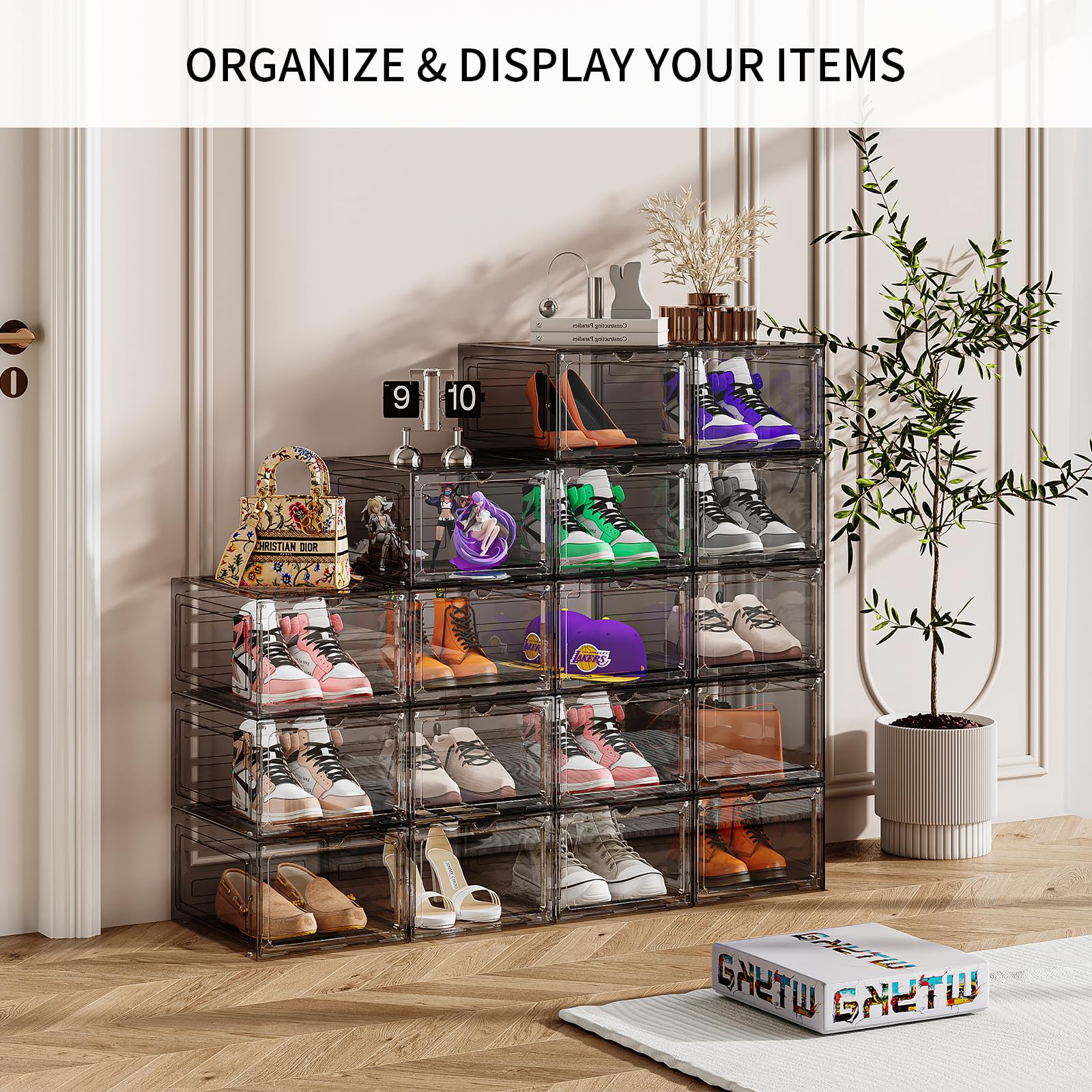 XXL Clear Plastic Stackable Shoe Storage Boxes - 6 Pack Thickened Sturdy Drop Front Shoe Organizer with Magnetic Door | Closet & Entryway Organization | Fits Up to US Men's Size 14 | Perfect for Sneaker Collection Display & Seasonal Shoe Rotation