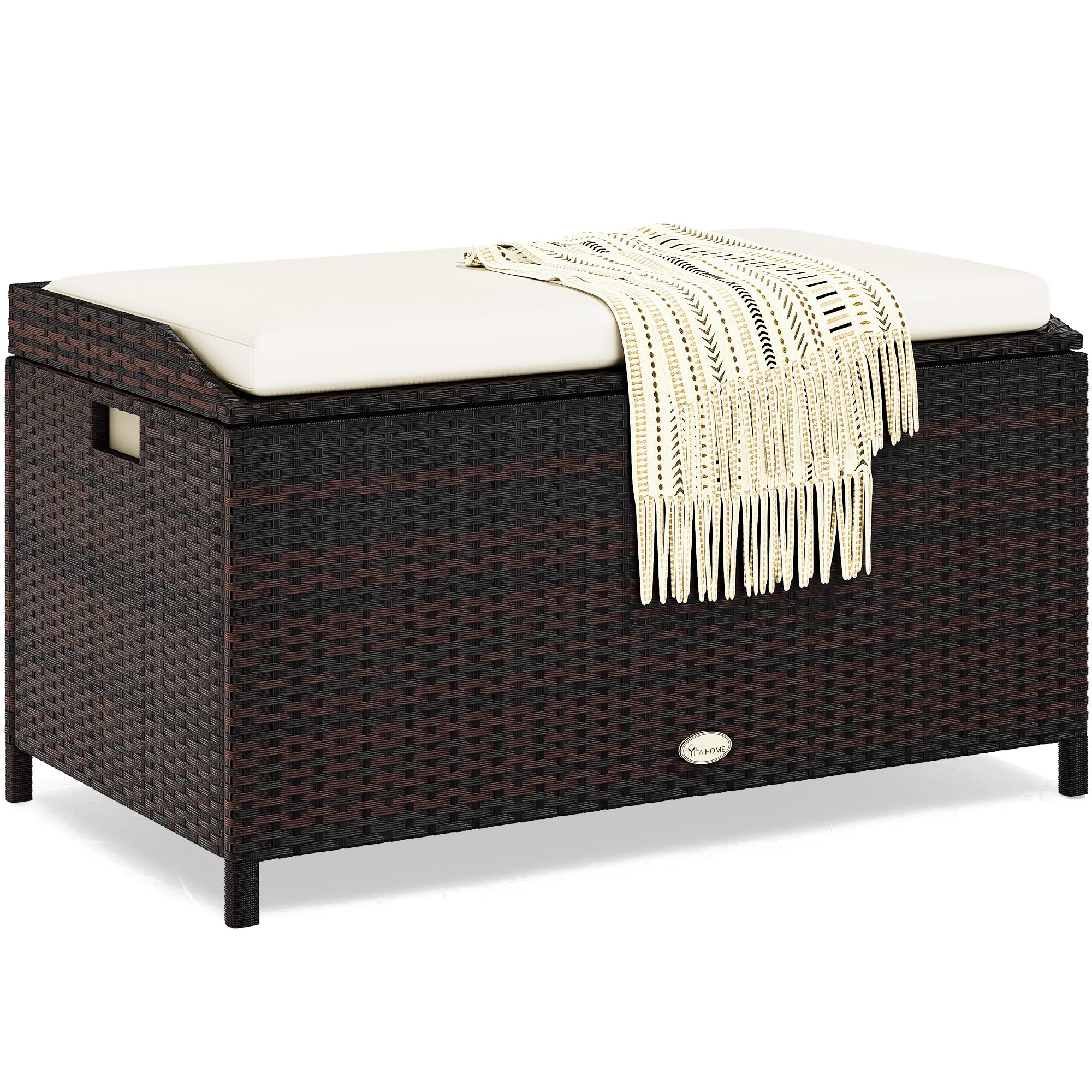 YITAHOME Large Outdoor Wicker Storage Bench Deck Box - PE Rattan Patio Furniture with Convenient Handles & Soft Cushion - Perfect for Patio, Garden, Yard, Lawn, and Outdoor Storage Organization