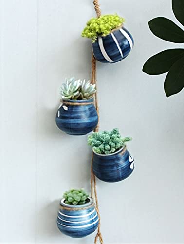 4-Pot Bright Pastel Ceramic Hanging Flower Planter Set - Blue - Perfect for Indoor/Outdoor Garden Decor, Balcony, Patio & Home Décor