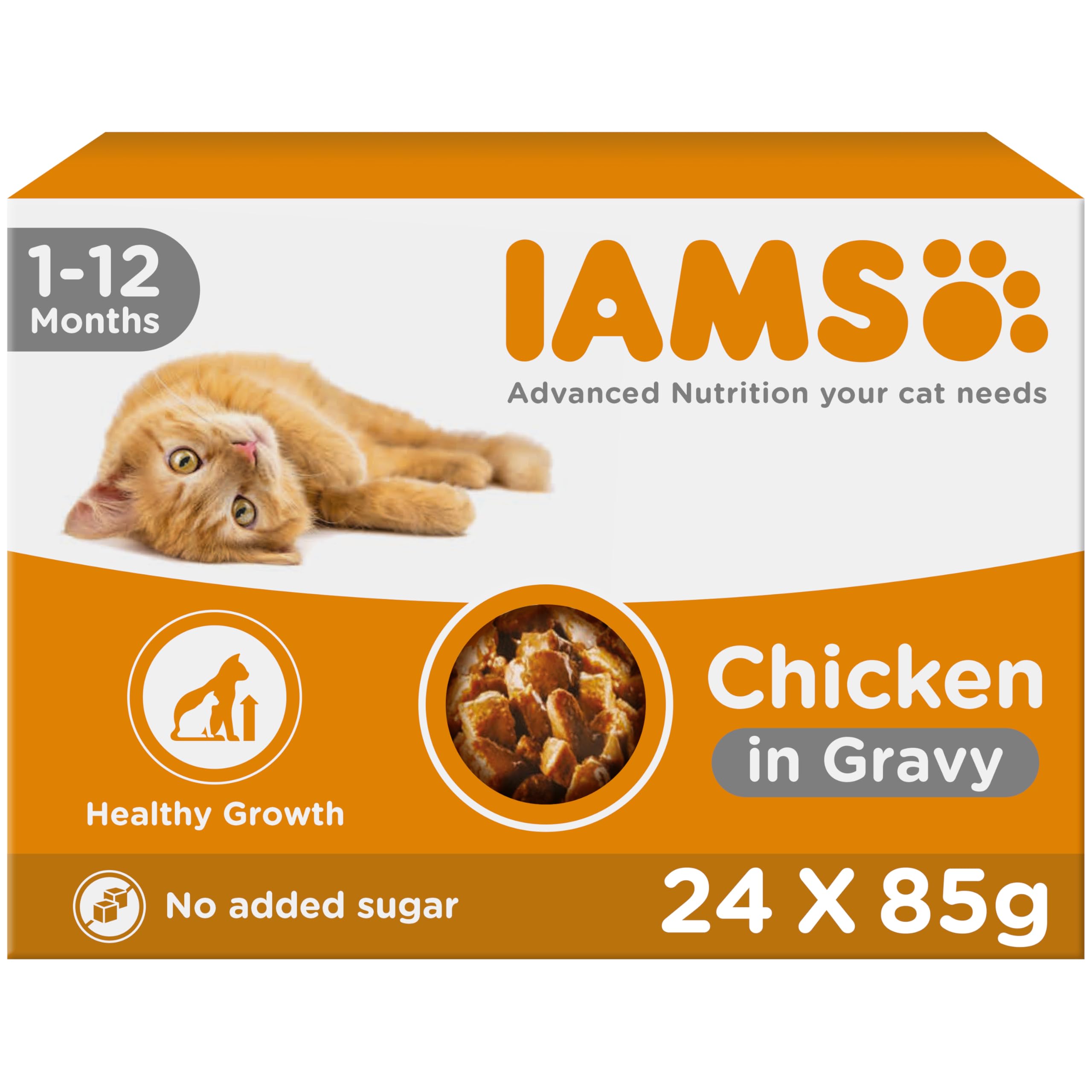 IAMS Kitten Wet Cat Food Pouches - Chicken in Gravy (24 Pack, 85g Each) | No Added Sugar | High Protein Kitten Food for Growth & Development | Perfect for Weaning Kittens & Picky Eaters