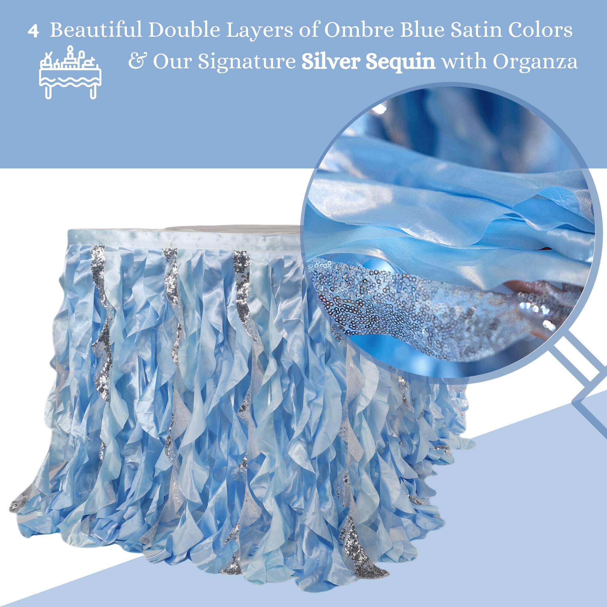 6Ft Blue Tutu Table Skirt with Double Layer Satin & Sequin Trim - Perfect for Birthday Parties, Baby Showers, Gender Reveals, Dessert Tables & Frozen Themed Events - Elegant Party Decoration for Weddings, Banquets & Special Celebrations