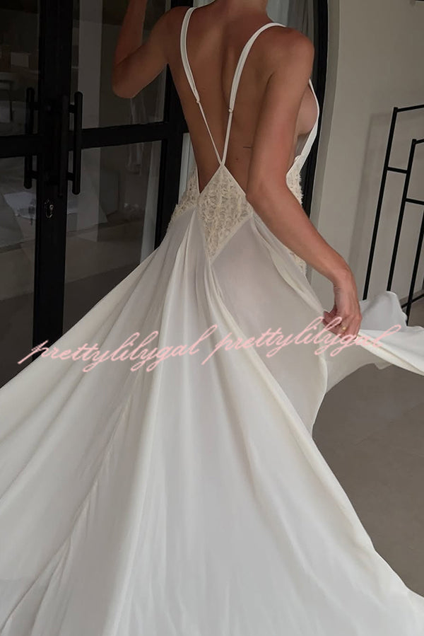 Venus By The Sea Tulle Lace Patchwork Backless Flowy Maxi Dress for Women - Elegant Beach Wedding Guest Dress & Summer Party Gown