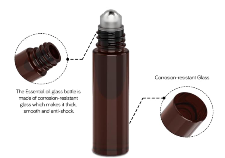 Refillable Glass Roller Perfume Bottles (Pack of 2) - Amber Travel Size Roll-On Bottles with Stainless Steel Ball for Essential Oils & Fragrances | Perfect for Purse, Gym Bag, Travel & DIY Aromatherapy