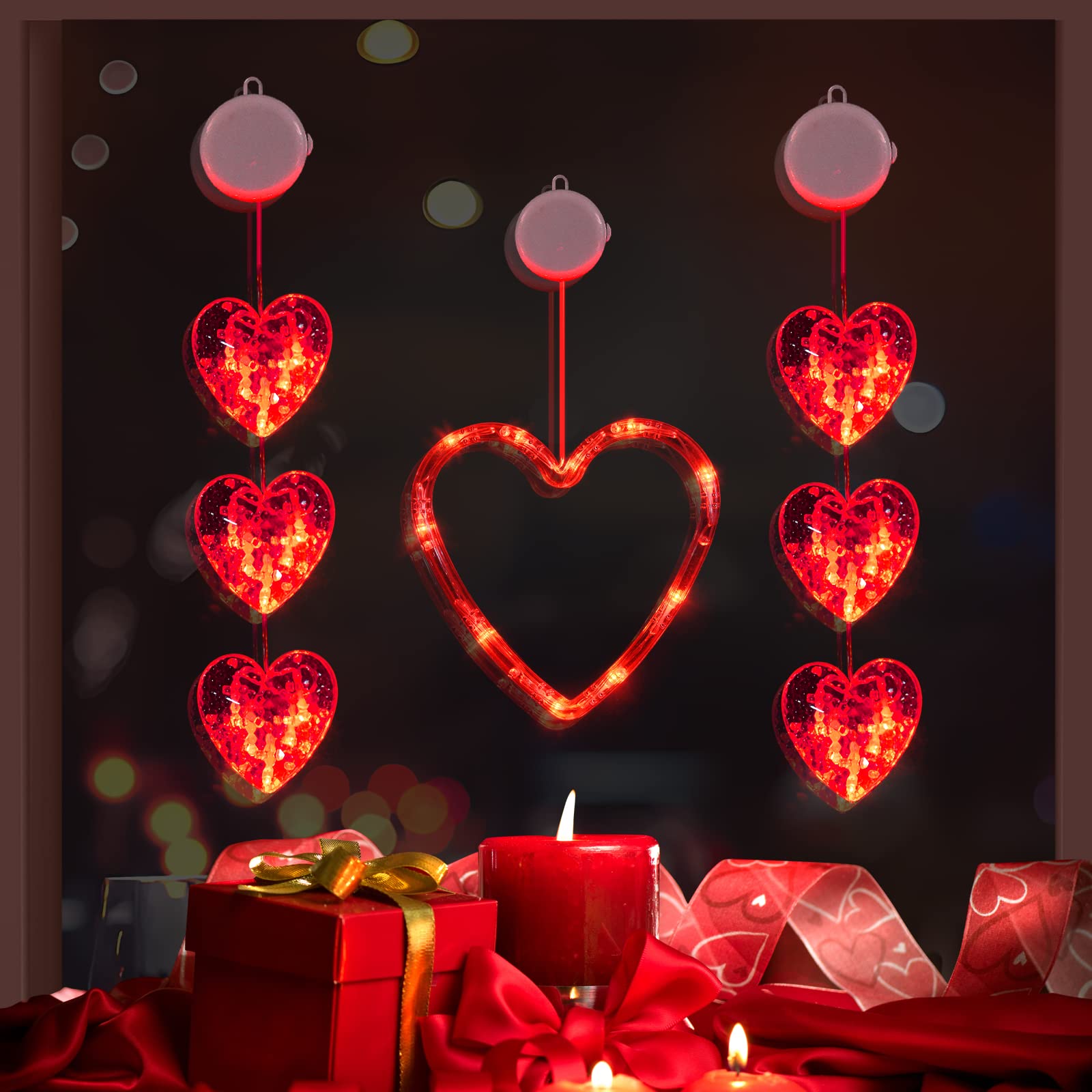 3 Pack Red Heart-Shaped LED Window Lights with Suction Cups - Battery Operated Romantic Decor with Timer & Slow Fade Mode - Perfect for Valentine's Day, Anniversary, Bedroom, Wedding & Party Decorations