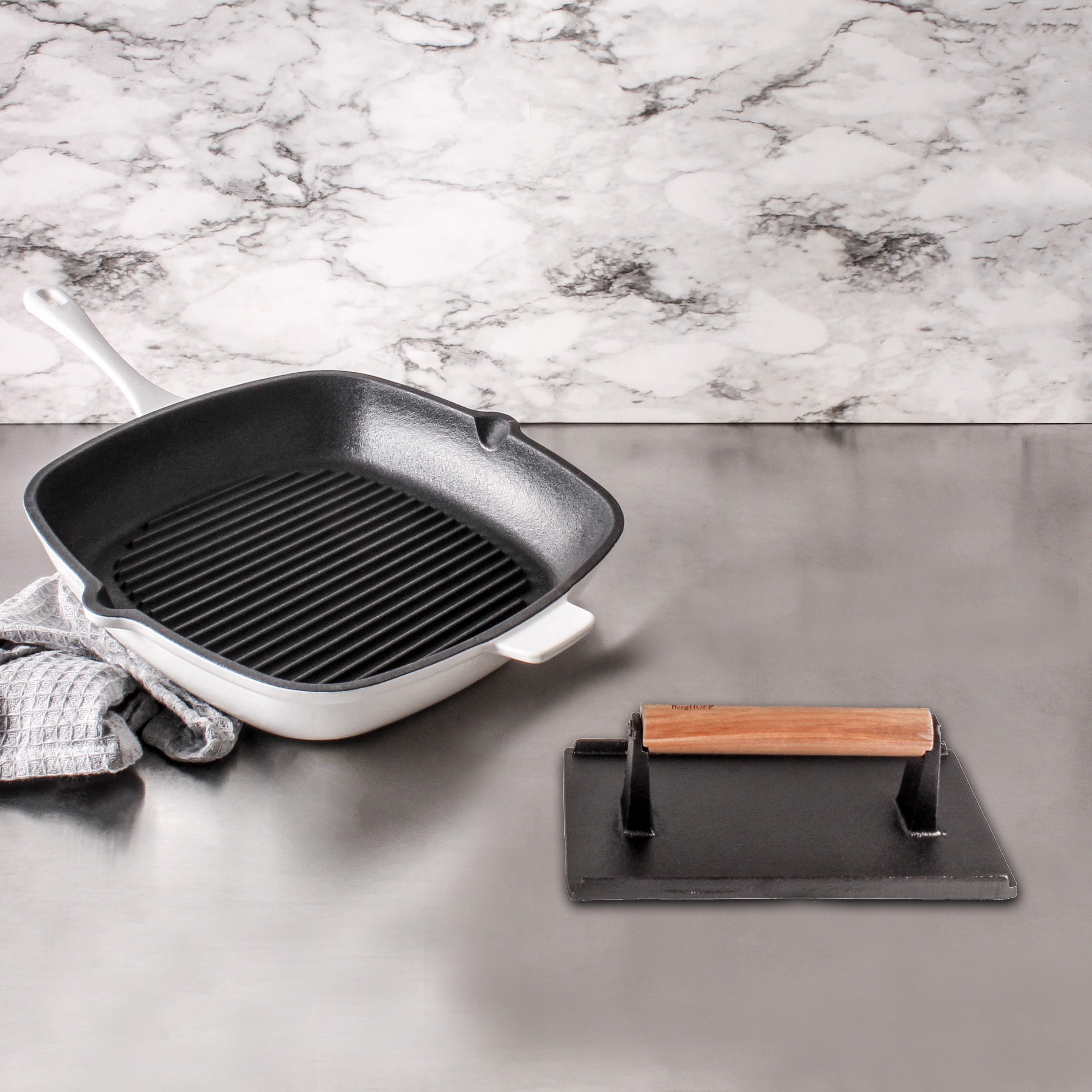 BergHOFF Neo 2-Piece Cast Iron Grill Pan Set with Steak Press - 11 Inch White Grill Pan for Stovetop & Oven Use - Perfect for BBQ, Steaks, Burgers & Indoor Grilling