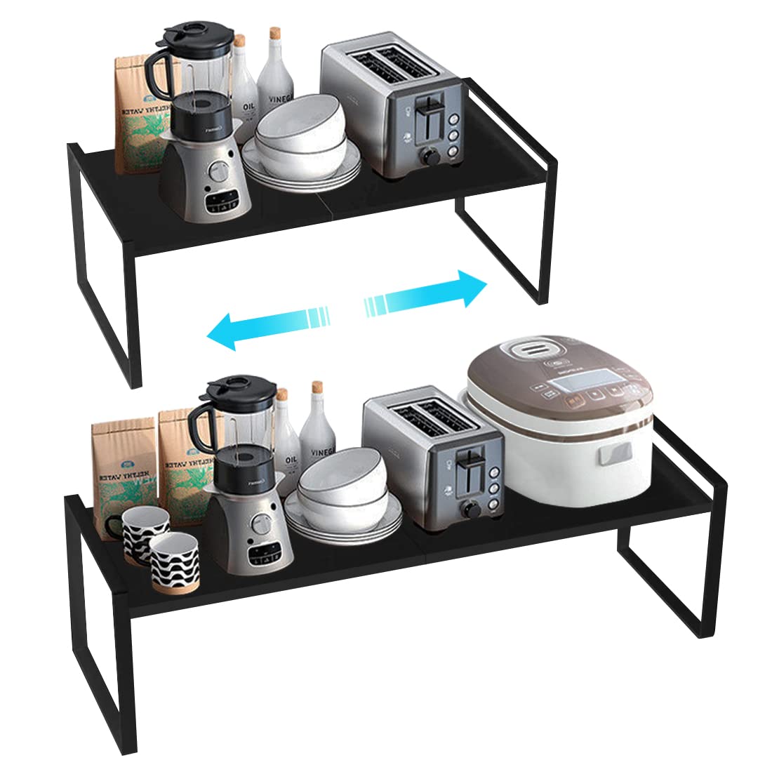 PASRLD Expandable Cabinet Shelf Organizers - Adjustable 14.1 to 23.6 Inch Metal Plate Shelves for Kitchen, Spice Rack & Cupboard Storage (Black, 9 Inches) - Perfect for Pantry, Bathroom & Closet Organization
