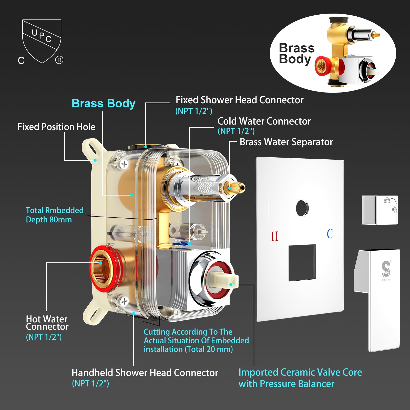 SR SUN RISE 12 Inch Slide Bar Shower System - Square Rainfall Shower Head & Handheld Spray Combo, Wall Mounted Shower Faucet Set with Valve & Trim Kit in Polished Chrome | Perfect for Modern Bathroom Renovation & Spa-Like Shower Experience
