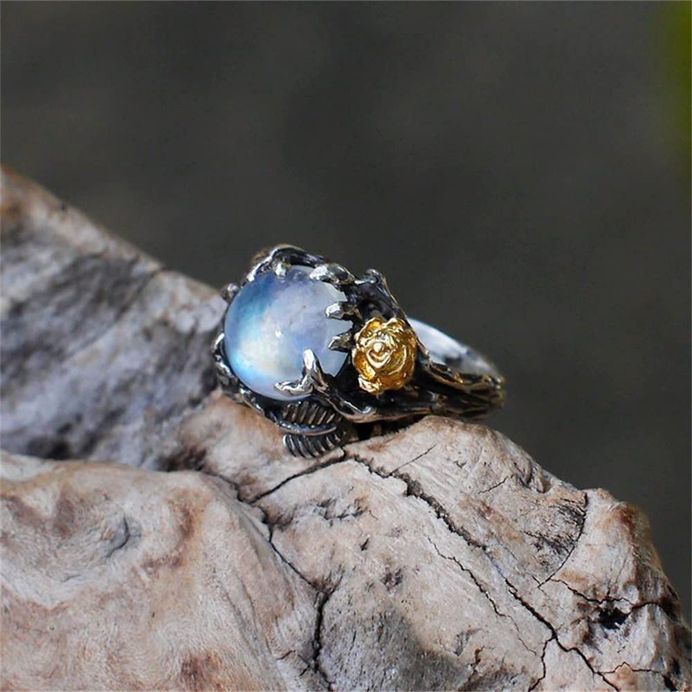 Vintage Rainbow Moonstone Ring - Sterling Silver & Solid Gold Two-Tone Moonstone Engagement Ring with Rose Flower & Twig Design - Thai Silver Jewelry ST.236 6 - Perfect for Weddings, Anniversaries, and Boho Fashion