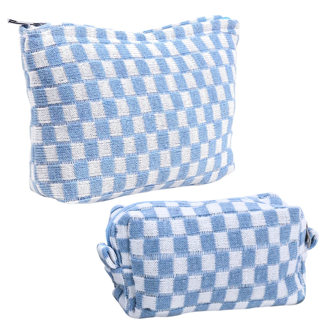 Large Checkered Makeup Bag - Travel Cosmetic Organizer with Zipper for Purse & Toiletries (Blue)