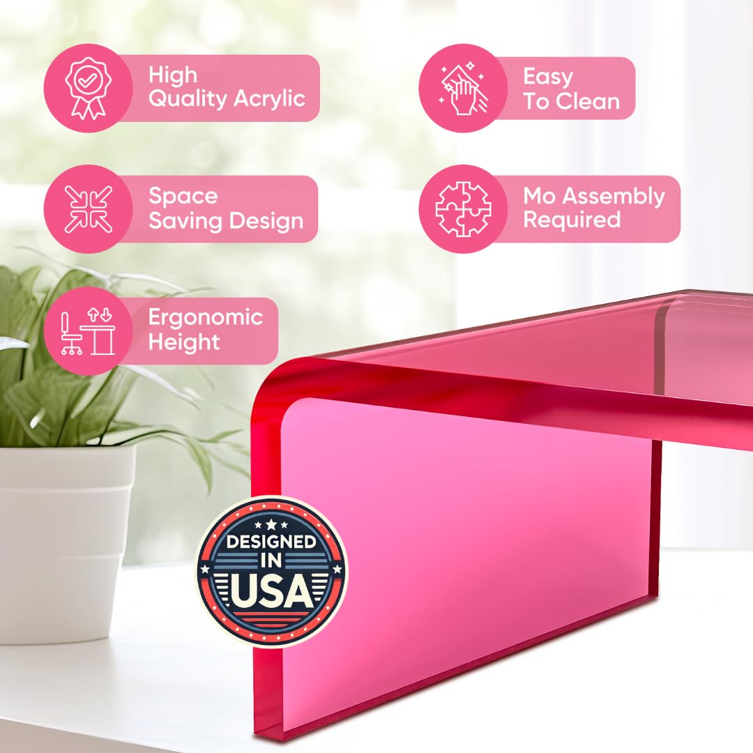 NovaMode Acrylic Monitor Stand - Ergonomic Laptop & Computer Riser for Better Posture, Modern Desk Organizer with Storage Space - Bright Pink - Perfect for Home Office, Gaming Setup & Workspace Organization