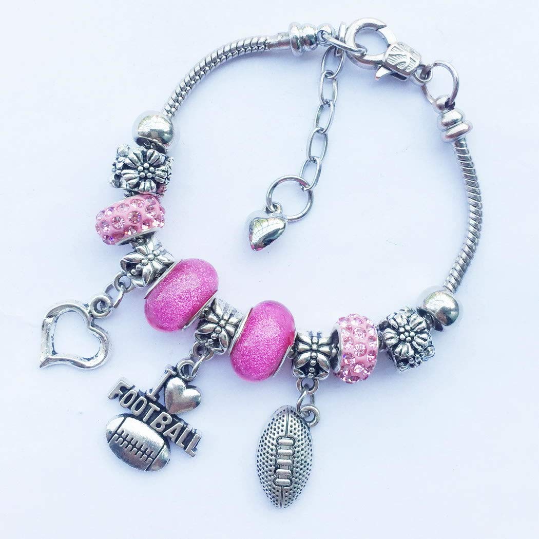 Handmade European Crystal Heart Beads Sports Charm Bracelet for Gymnastics Volleyball Football Basketball Baseball - Perfect Gift for Teams, Lovers, Players & Fans - Friendship Jewelry for Game Days, Training & Special Occasions