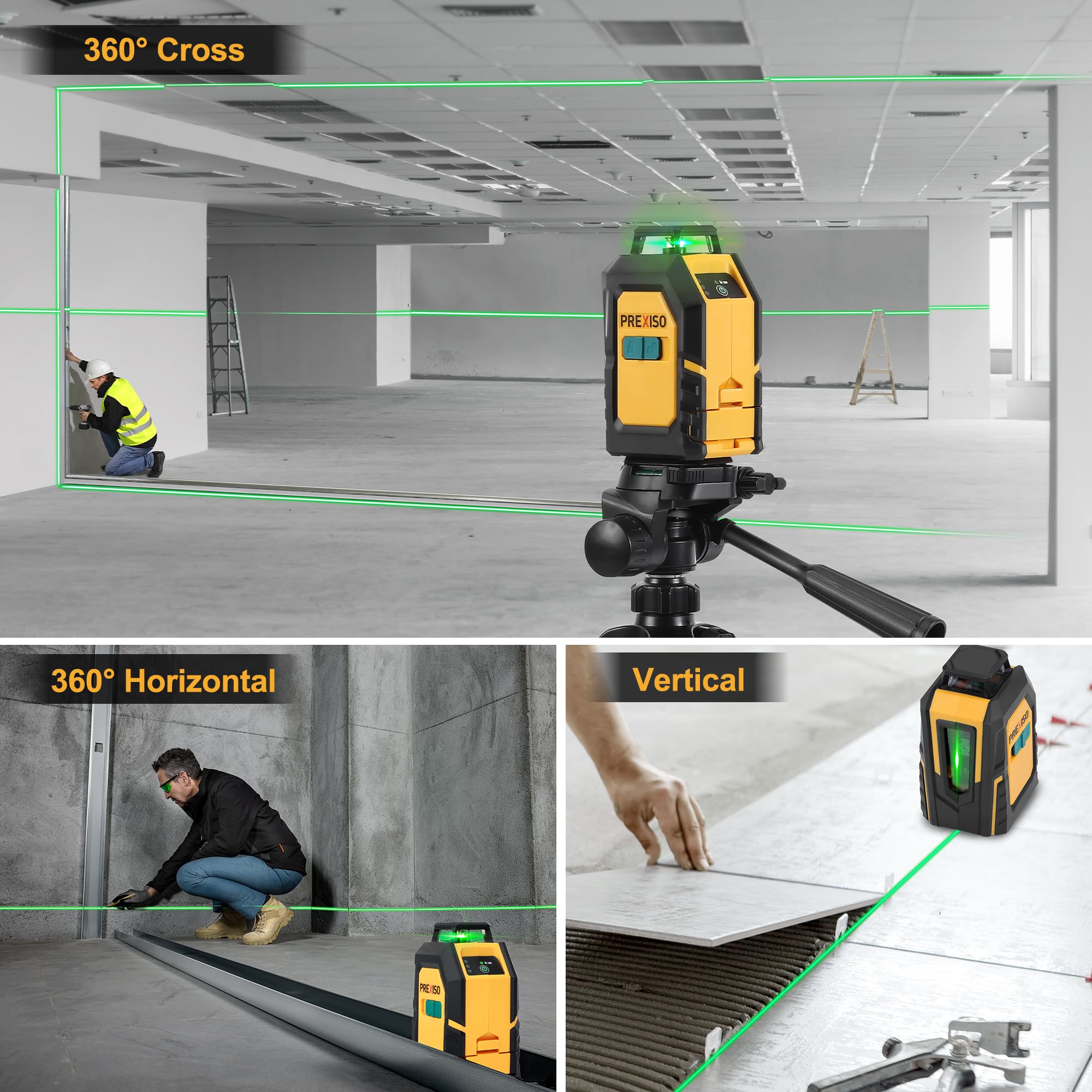 PREXISO 360° Self-Leveling Green Laser Level with Tripod - 100Ft Cross Line Laser for Construction, Floor Tile Installation & Home Renovation - Includes Target Plate, Green Glasses, Carry Bag & 4 AA Batteries - Perfect for Wall Alignment, Hanging Pictures & DIY Projects