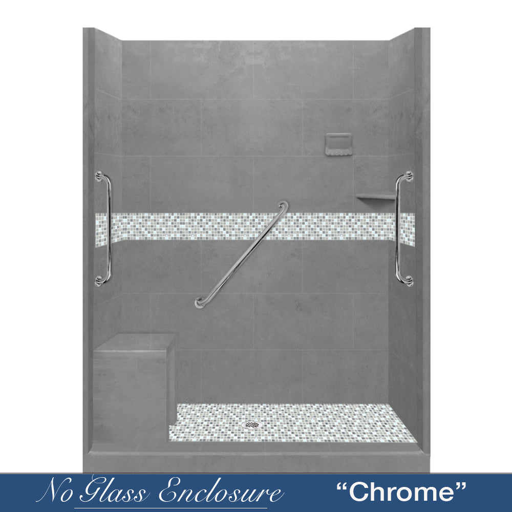 Freedom 60 Alcove Wet Cement Sistine Stone & Del Mar Mosaic DIY Shower Remodel Kit - Waterproof Bathroom Tile Backsplash for Shower Walls, Floors, and Bathtub Surrounds