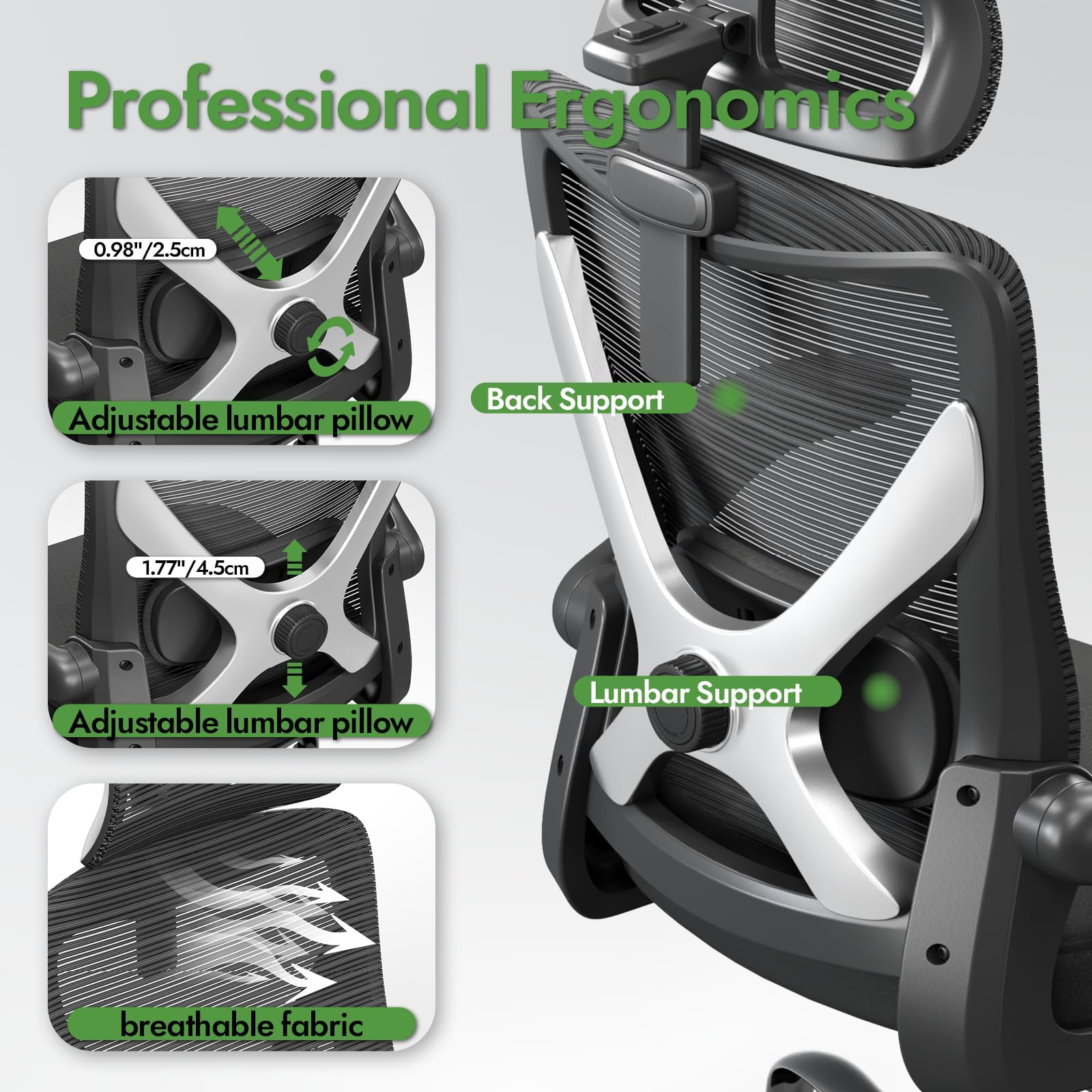 Ergonomic Office Chair with Lumbar Support - X-Shaped Mesh Computer Desk Chair for Gaming & Long Hours Work, Adjustable Headrest, Black Silver - Perfect for Home Office, Gaming Setup & Workspace Comfort