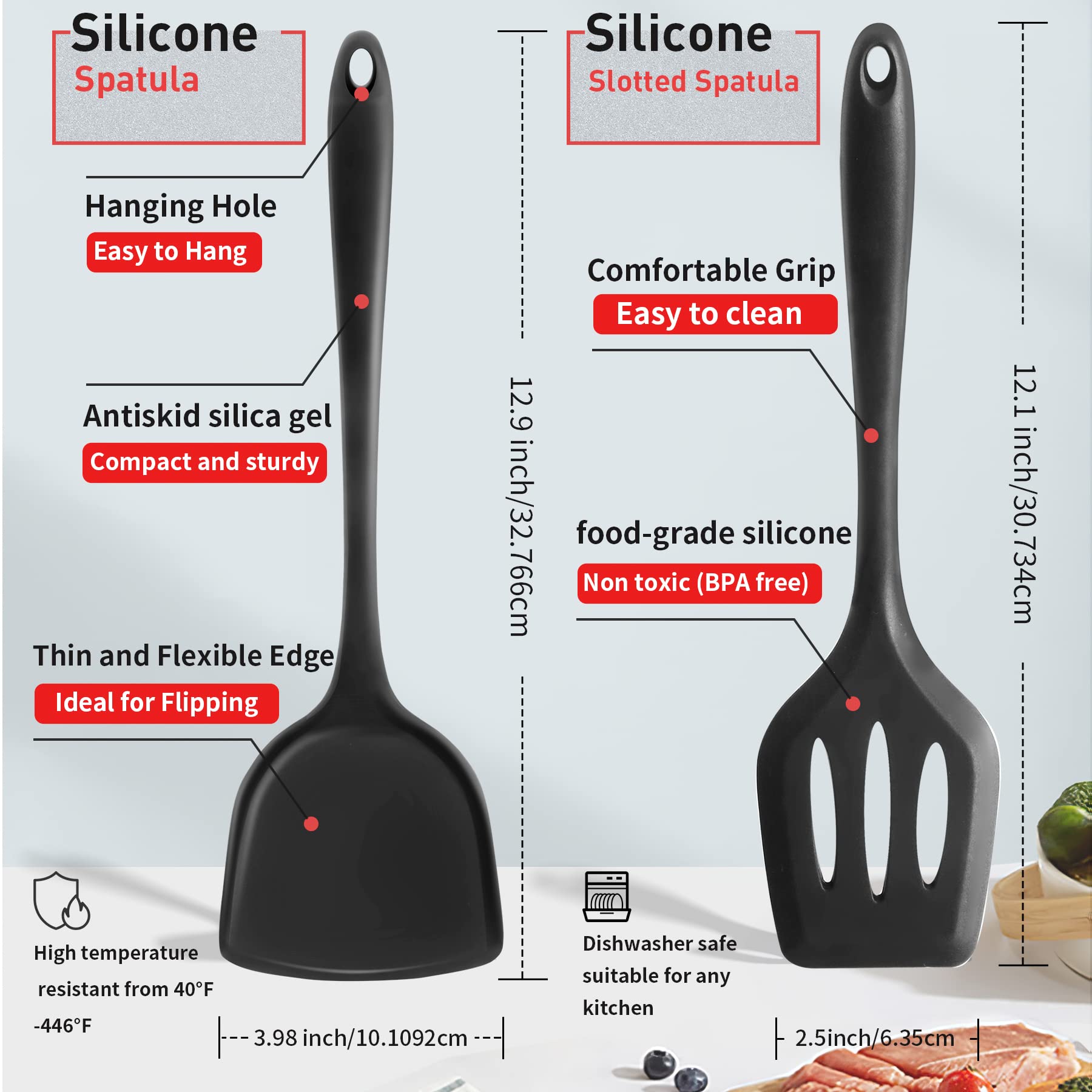 FUKTSYSM 2-Piece Silicone Spatula Set - Heat Resistant Non-Stick Kitchen Utensils with Slotted Turner, Flexible Black Cooking Spatulas for Flipping Pancakes, Eggs & Grilled Cheese (Dishwasher Safe) - Perfect for Nonstick Pans, Baking & Sauteing