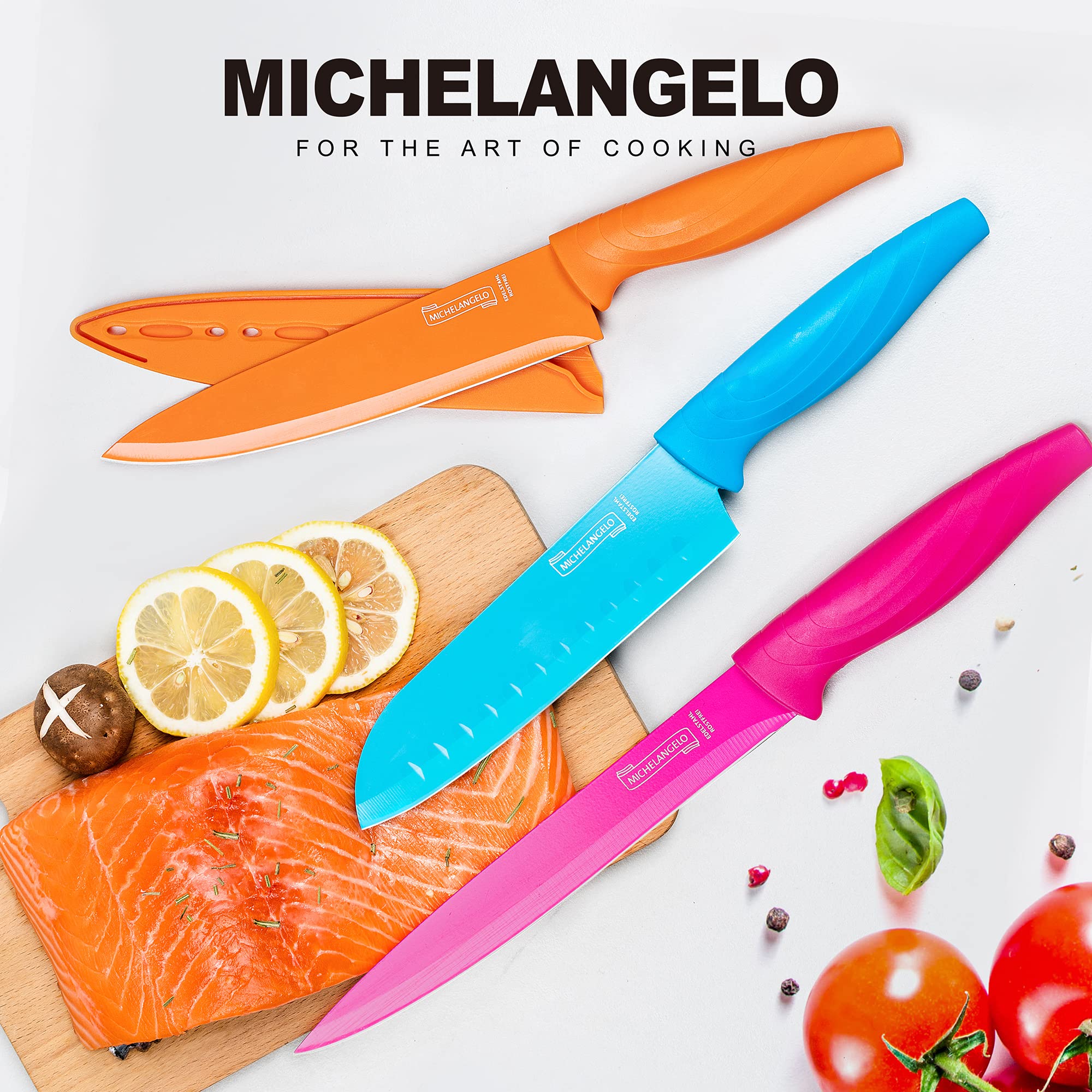MICHELANGELO 10-Piece Rainbow Kitchen Knife Set - High Carbon Stainless Steel Knives with Blade Covers - Dishwasher Safe Colorful Chef Knife Collection for Cooking, Slicing & Food Prep - Perfect for Home Chefs & Professional Kitchens