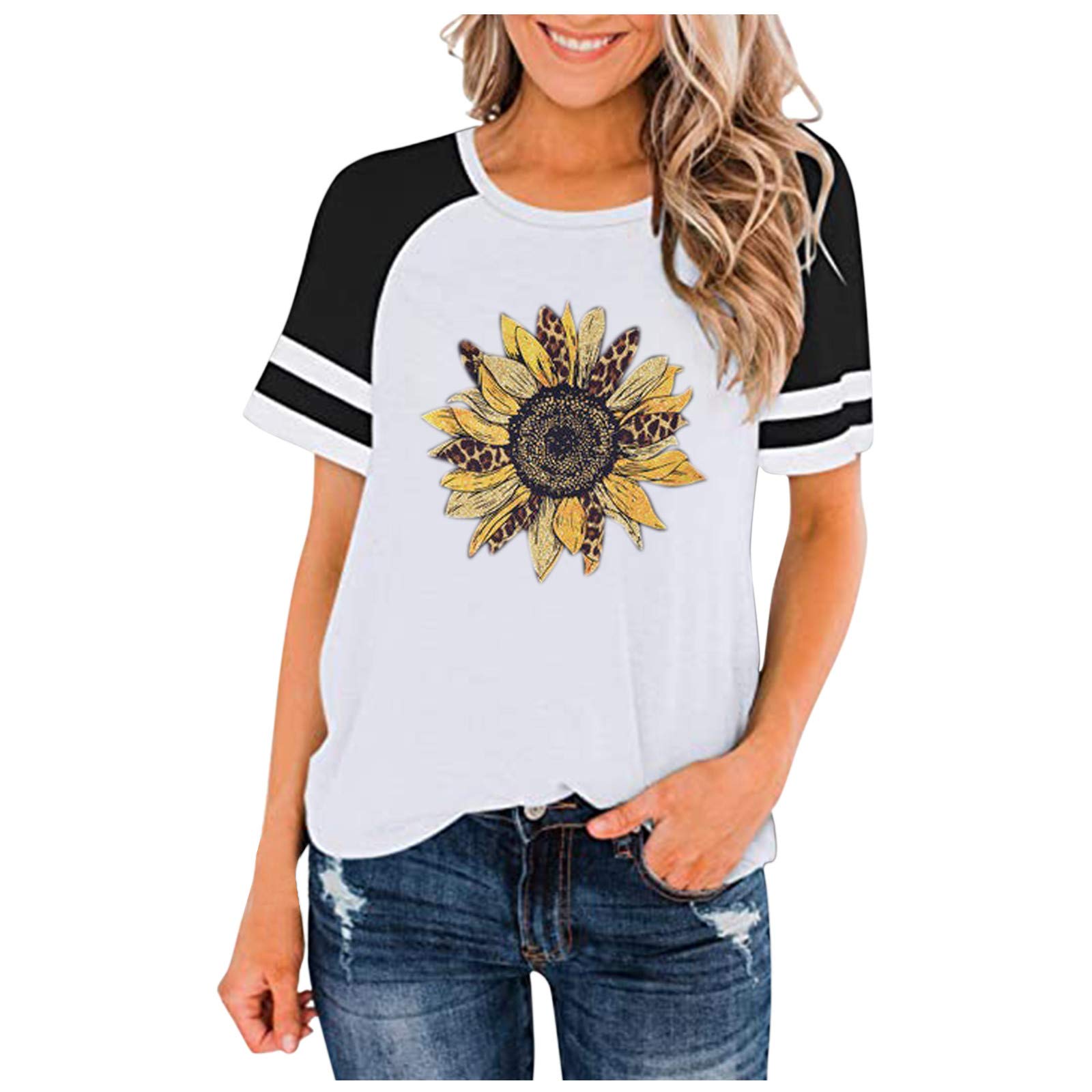 GFPGNDFHG Women's Short Sleeve Crewneck T-Shirt - 2022 Summer Sunflower Print Solid Color Fitted Tunic Top | Casual Wear, Beach Outfits, Everyday Basic Tee