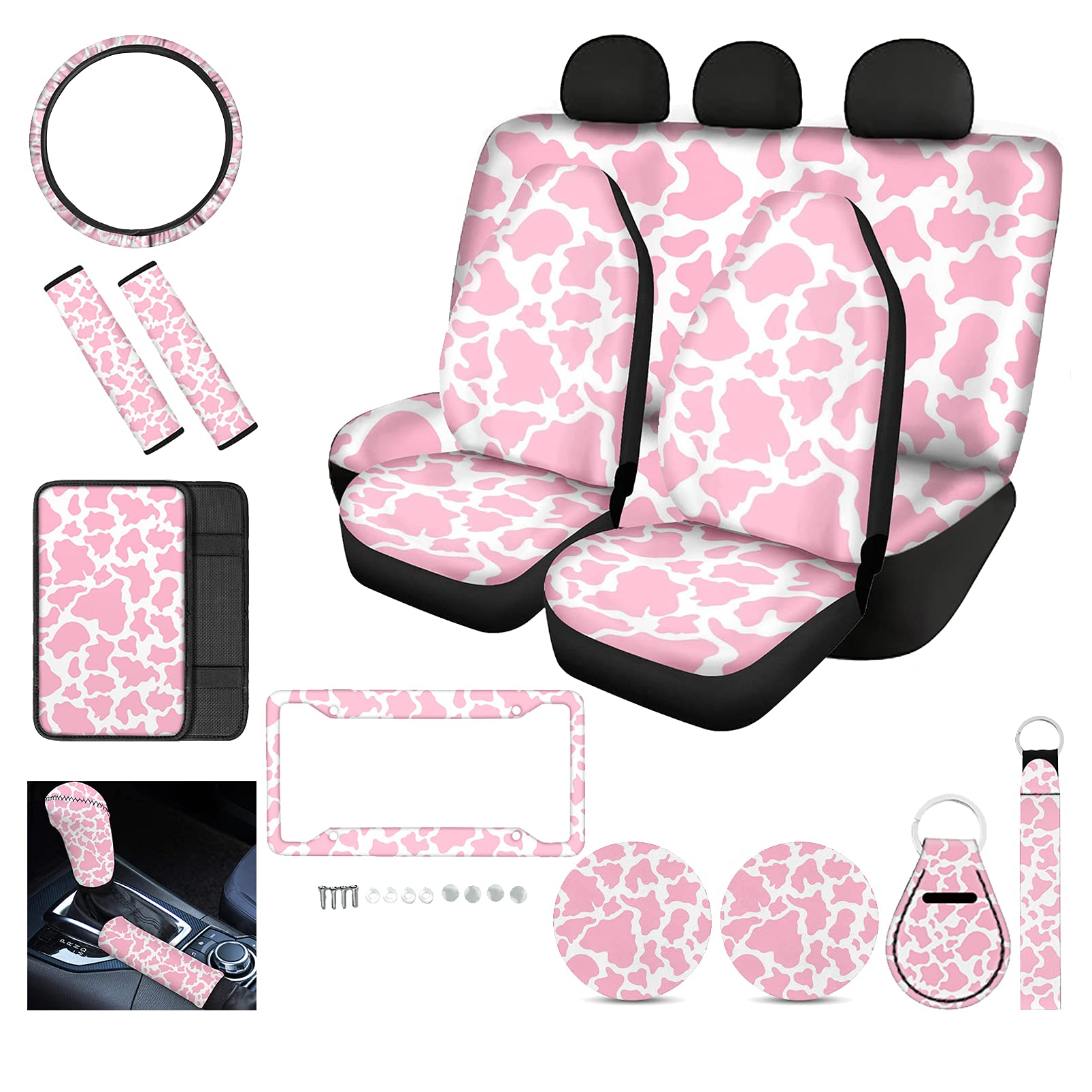 Pink Cow Print Car Accessories Set - Universal Car Seat Covers, Steering Wheel Cover, Seat Belt Pads, Cup Coasters, License Plate Frame & Keychain for Women - Perfect for Truck, SUV and Sedan Interior Decor
