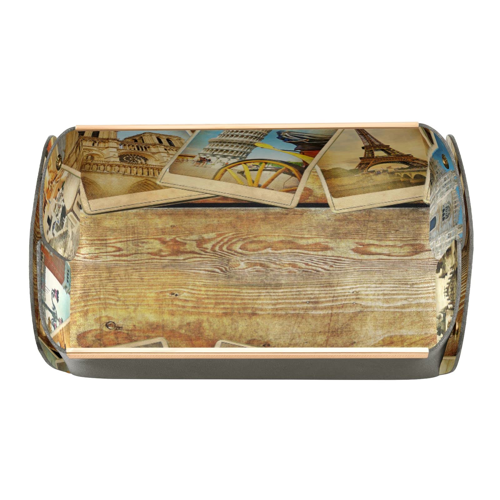 Vintage European Travel Collage Valet Tray - Jewelry Organizer & Desktop Storage for Keys, Coins, Phone, Wallet, Glasses | Perfect for Dresser, Nightstand, Office Desk & Travel Accessories Organization