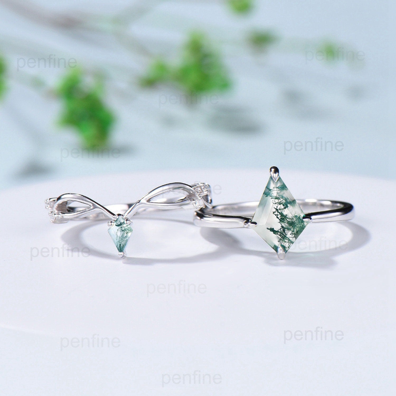 Elegant Moss Agate Engagement Ring Set - Kite Cut Solitaire Minimalist Wedding Band in Rose Gold, Art Deco Style Green Agate Bridal Jewelry Set - Perfect for Anniversaries, Proposals & Special Occasions