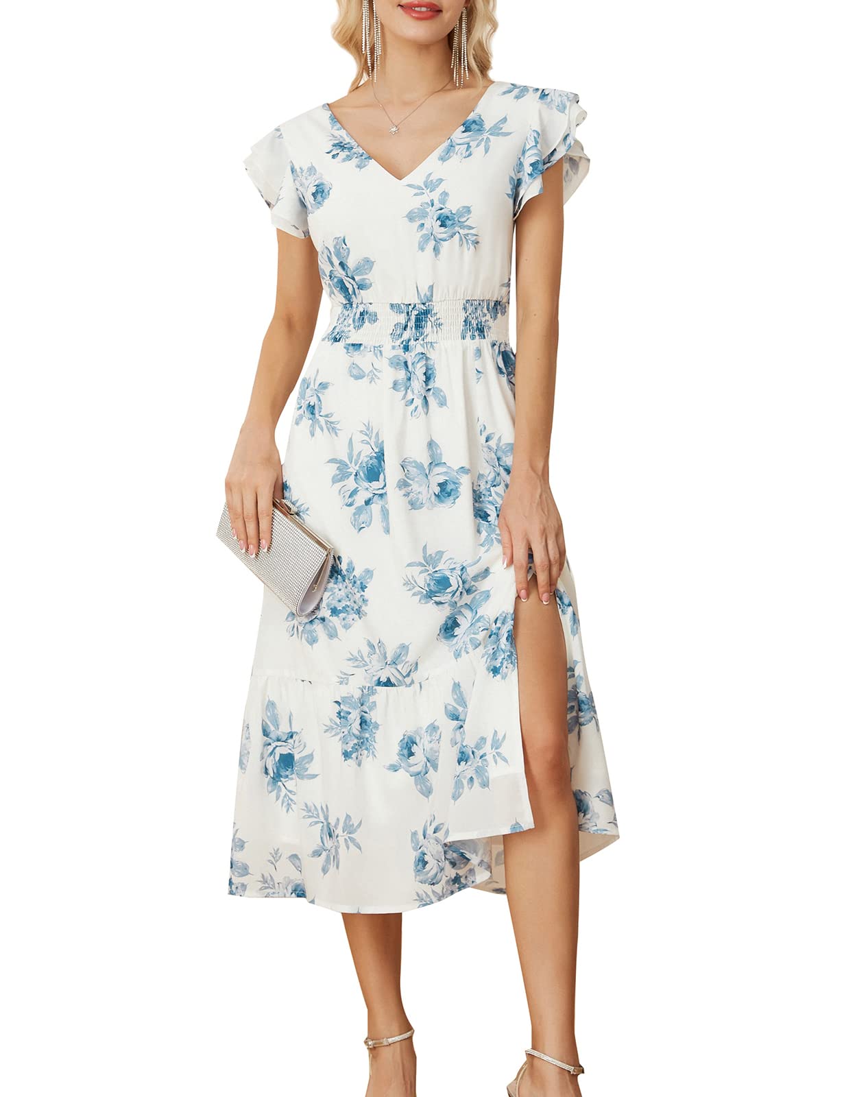 GRACE KARIN Women's V-Neck Ruffled Sleeve Summer Dress 2025 | Flowy Split Tiered Midi Dress for Wedding Guest & Cocktail Parties | Beach Vacation, Date Night, Office Wear