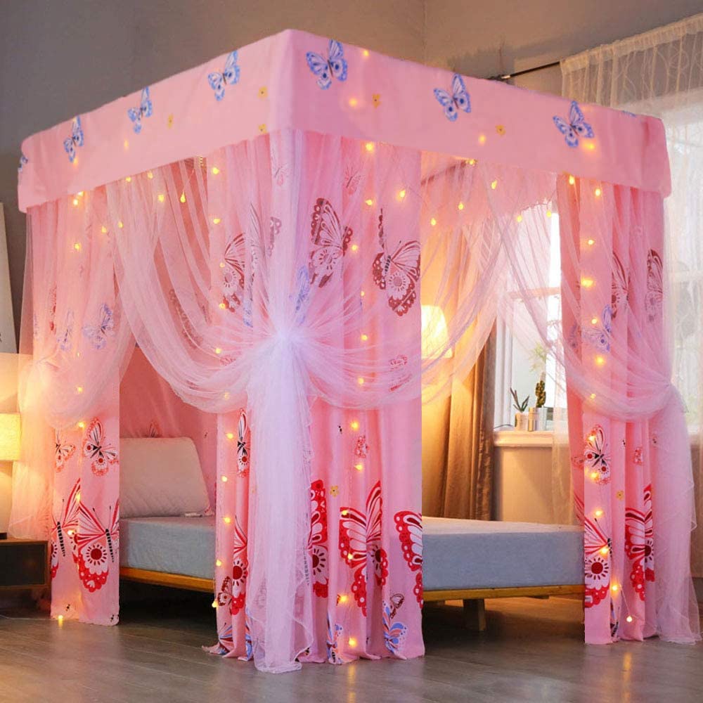 Princess Canopy Bed Curtains for Girls & Adults - Pink Butterfly Design Queen Size Bed Drapes | Elegant Bedroom Decor for Kids' Rooms, Nursery, or Master Bedroom