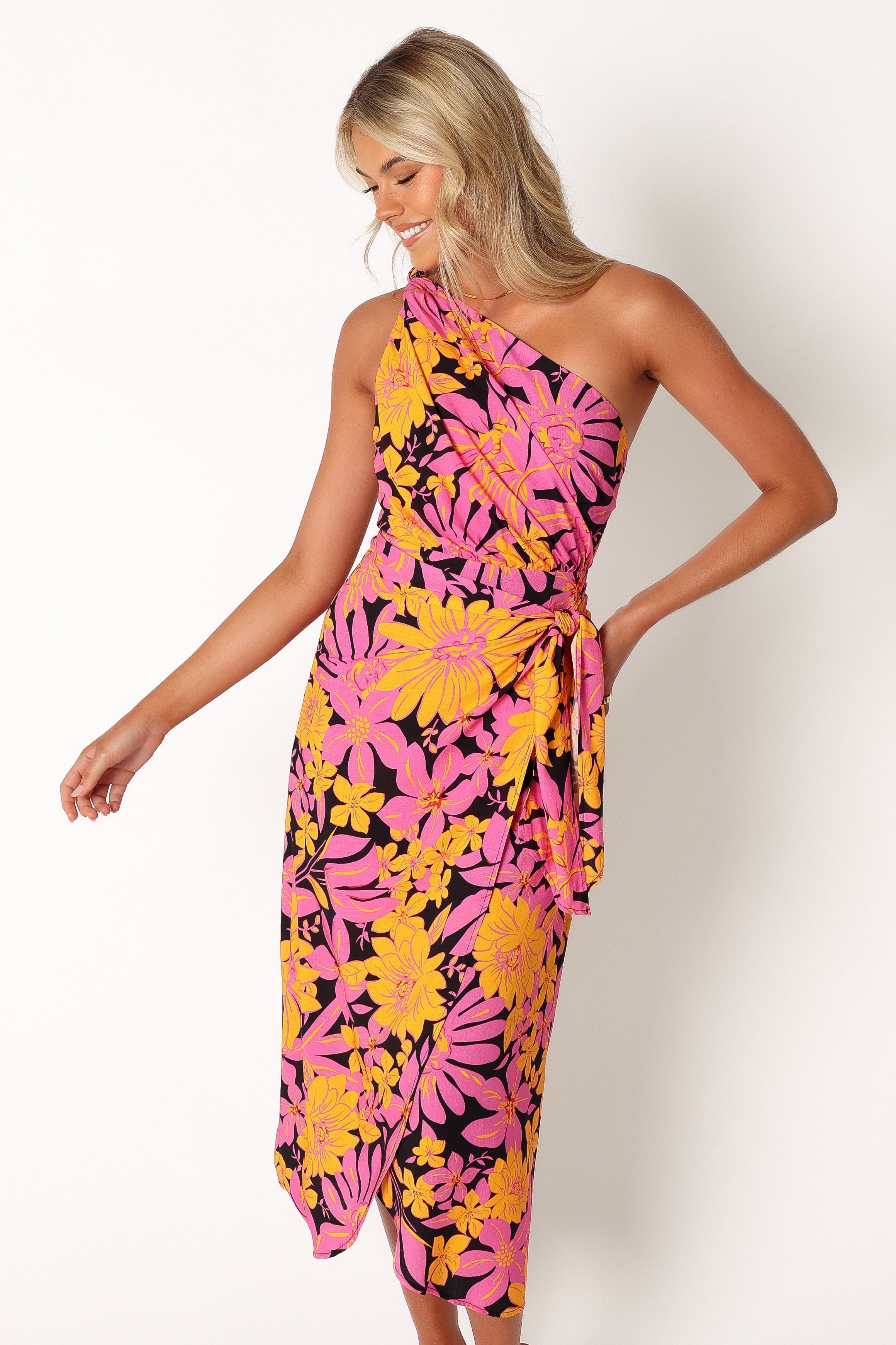 Clara One Shoulder Midi Dress - Black Floral Print Women's Party Dress for Evening Events, Cocktail Parties & Date Nights