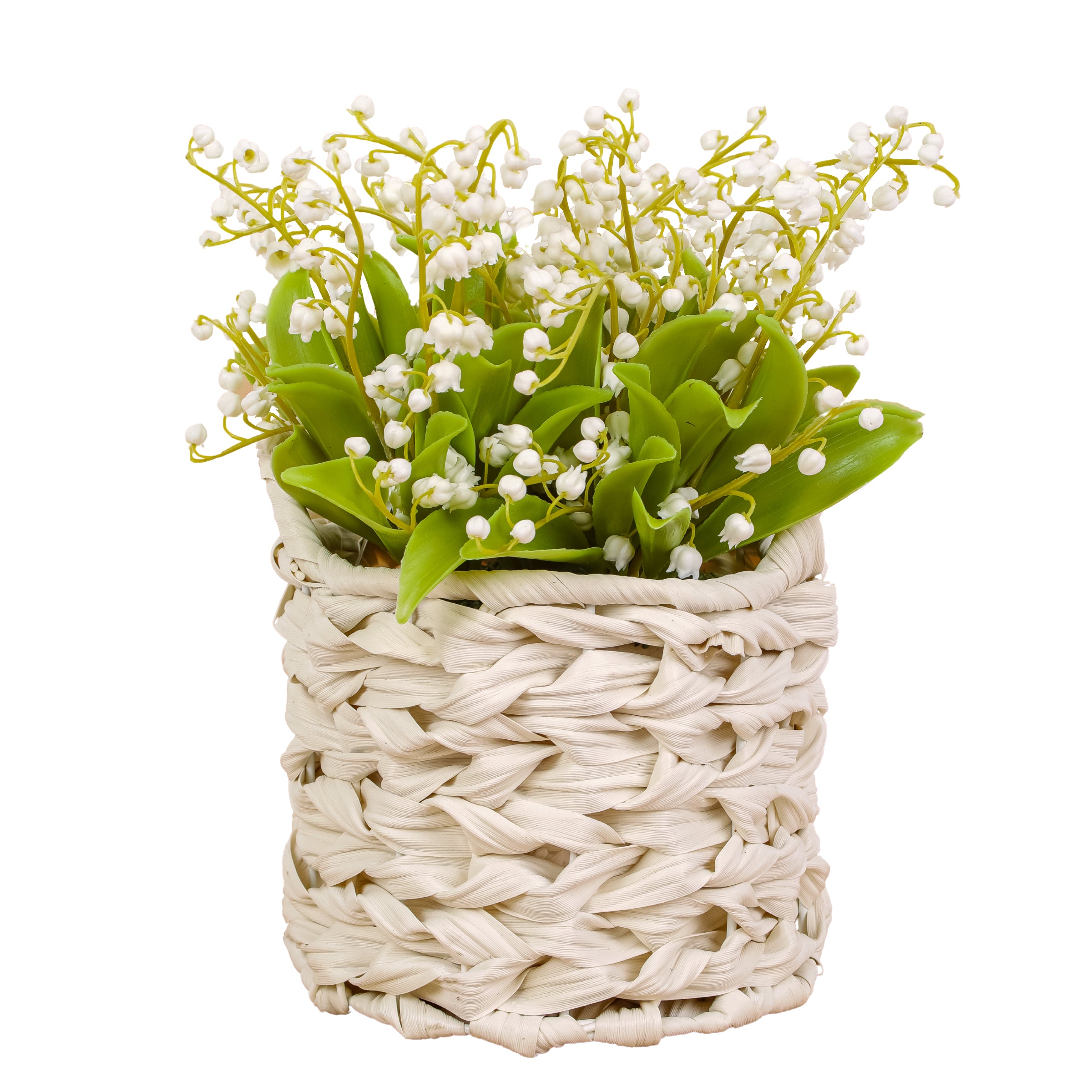 11 Inch Spring White Lily of the Valley Artificial Flowers in White Wicker Basket - Perfect for Easter Decor, Wedding Centerpieces & Home Table Decorations