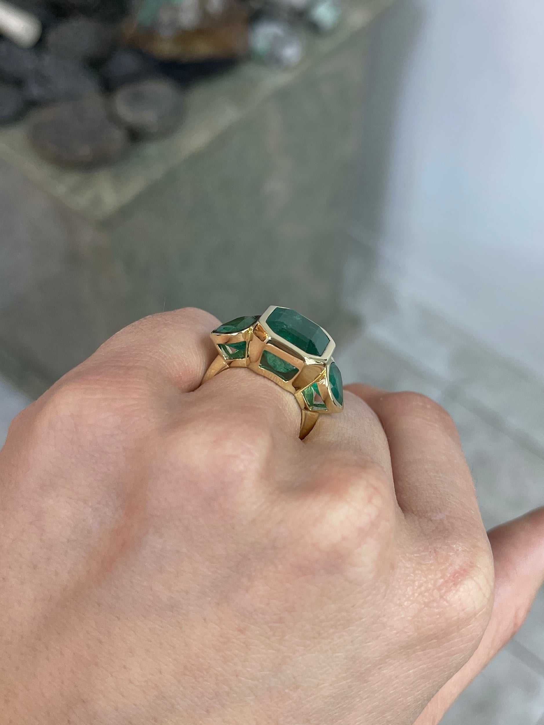 15.44tcw Three Stone Emerald Ring - 11.32 Carat Zambian Emerald with Pear Cut Accents in 18K Gold | Elegant Jewelry for Weddings, Anniversaries & Special Occasions