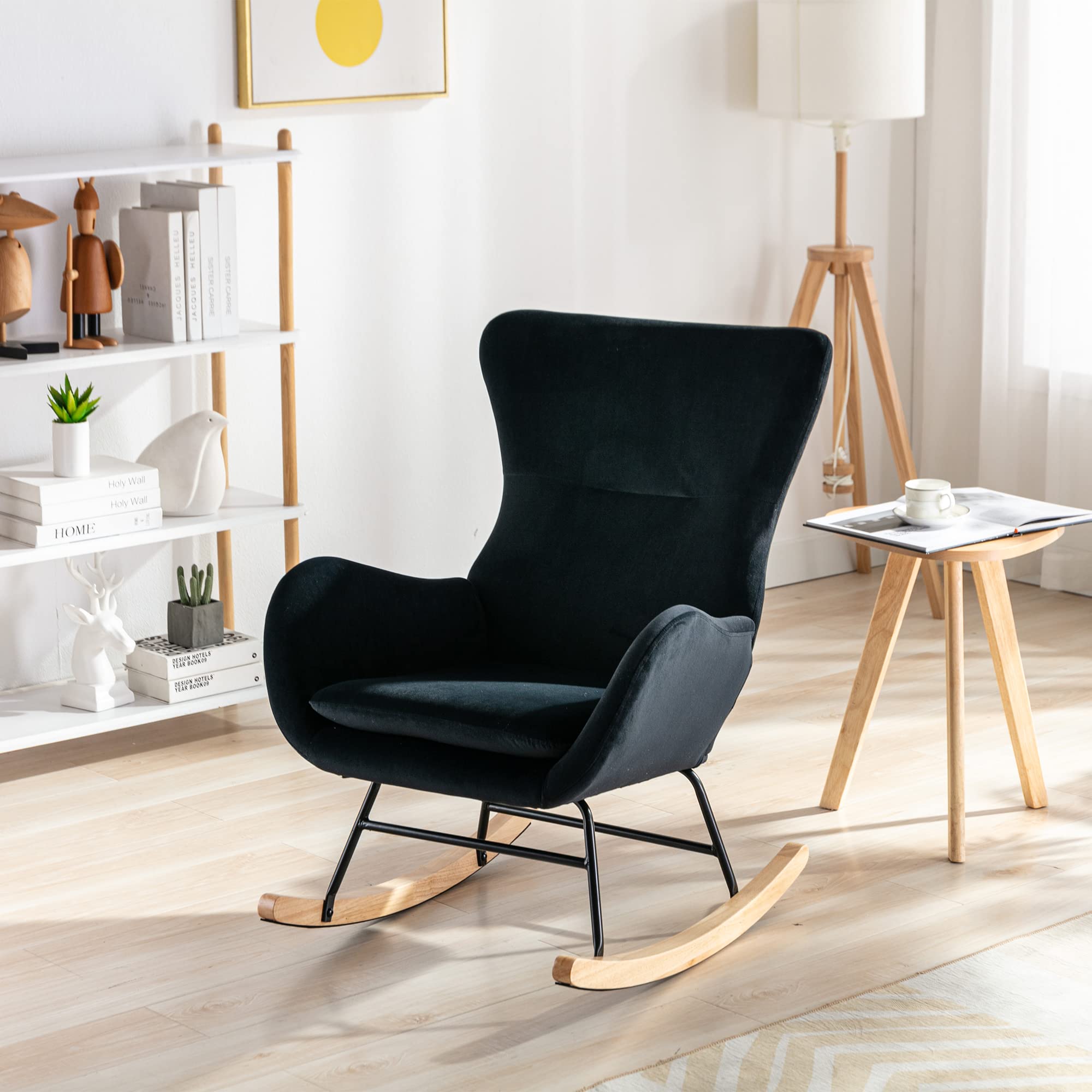 Modern Velvet Rocking Chair with High Backrest & Armrests - Padded Nursery Rocker for Living Room, Bedroom, Balcony - Comfortable Accent Chair for Adults & Kids (Black) | Perfect for Nursing, Reading & Relaxing