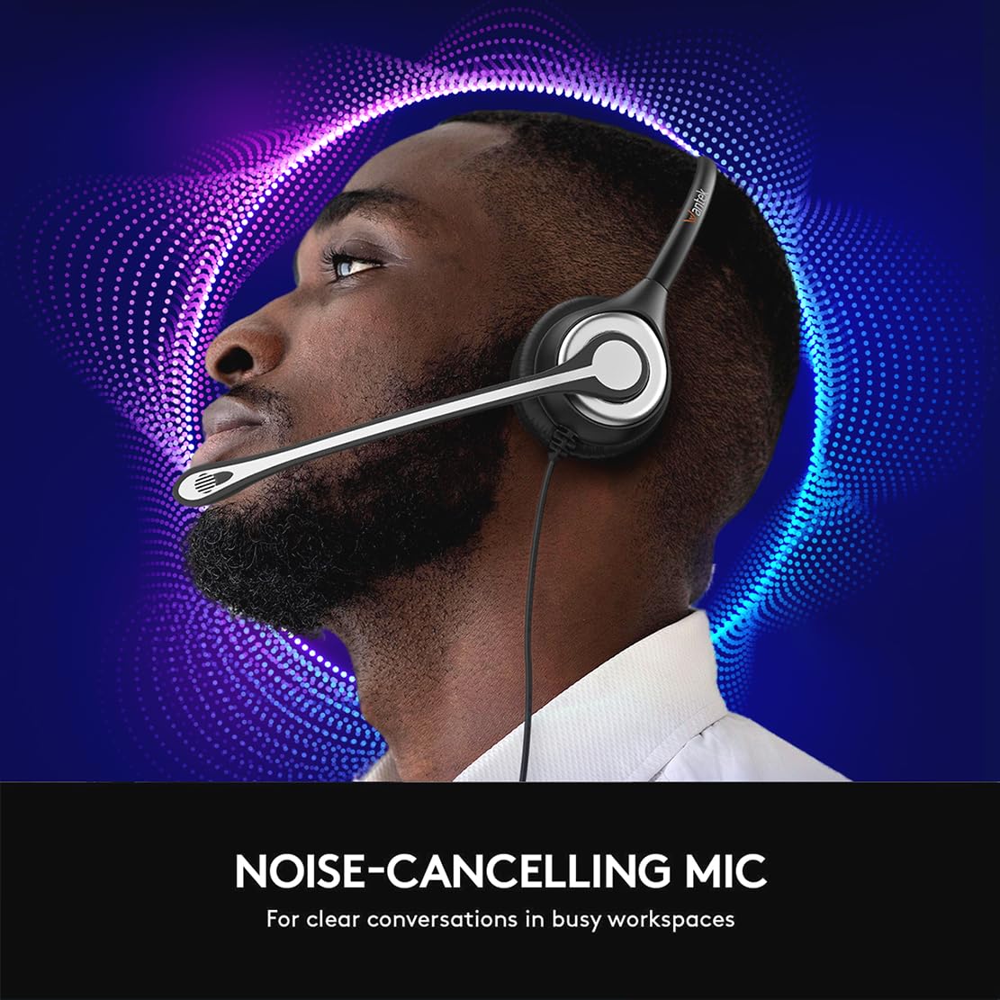 Wantek USB & 3.5mm Jack Professional Headset with Noise Cancelling Microphone - Type C Adapter Included for PC, MacBook, Smartphone - Perfect for Call Center, Online Chat, Business & Online Courses