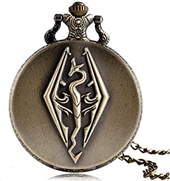 The Elder Scrolls V Skyrim Vintage Dragon Pocket Watch with Chain Necklace - Perfect for Cosplay, Gifts & Medieval Fantasy Collectors