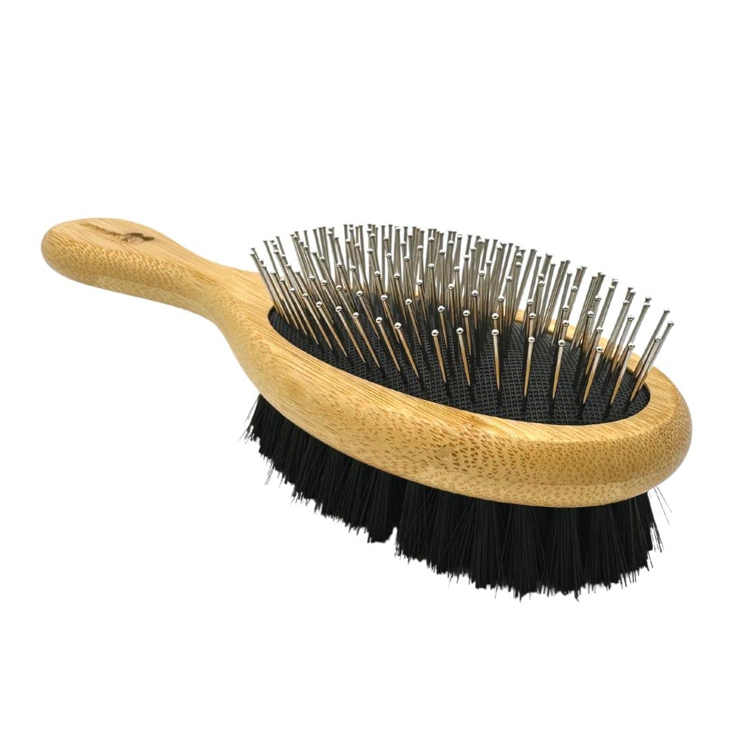 Premium Double-Sided Pet Grooming Brush - Bamboo Handle with Ball Pins & Soft Nylon Bristles for Dogs & Cats - Effective Shedding Control & Hair Removal - Perfect for Daily Brushing, Detangling & Coat Maintenance (Large Size)
