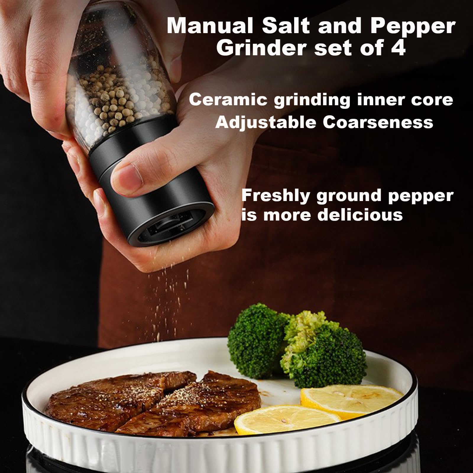 Premium Salt and Pepper Grinder Set of 4 - Refillable Adjustable Ceramic Mill with Glass Body - Perfect for Kitchen, Dining Table & Gourmet Cooking