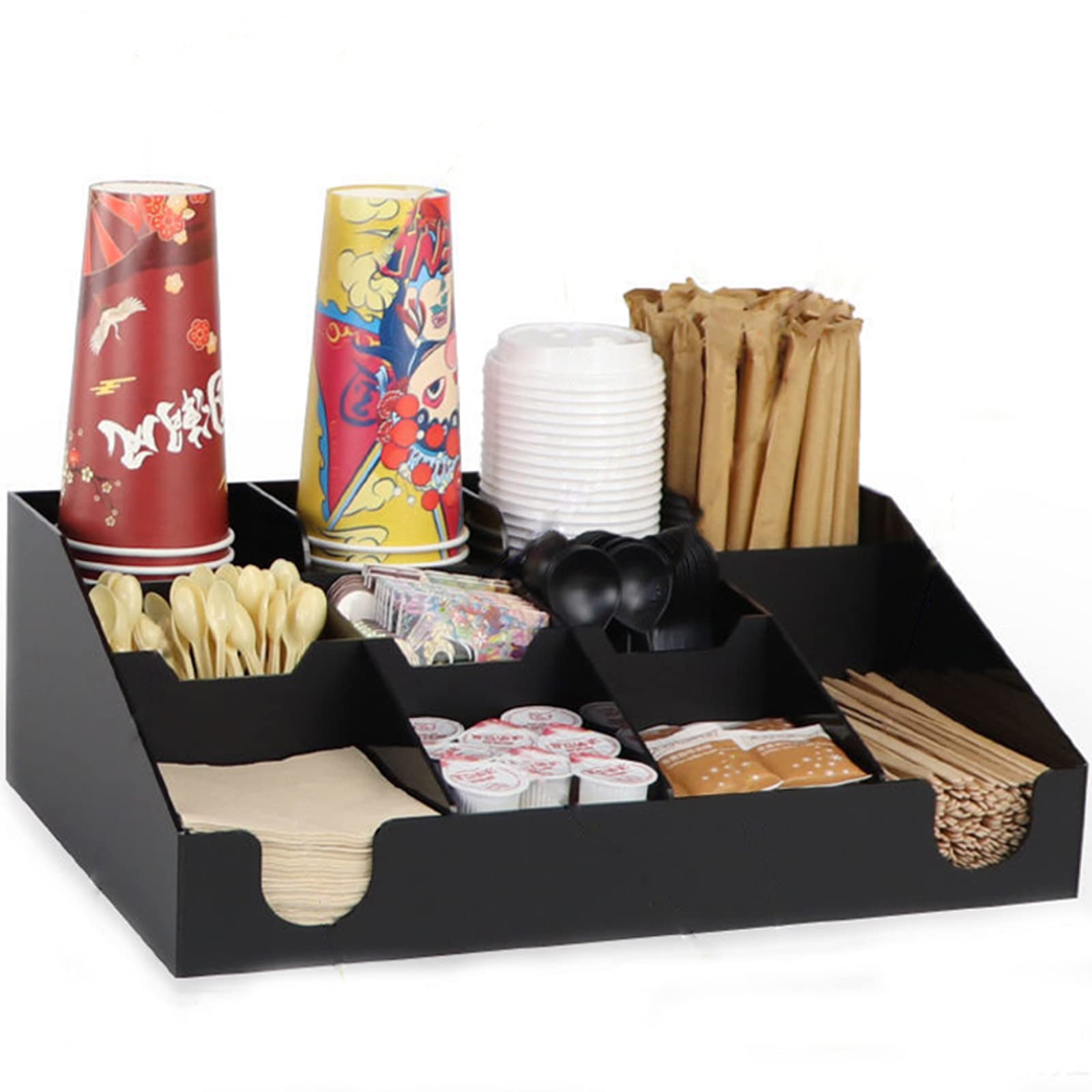 11-Compartment Black Cup & Lid Organizer - Coffee Bar & Condiment Storage Solution for Kitchen Countertops, Office Break Rooms & Coffee Stations