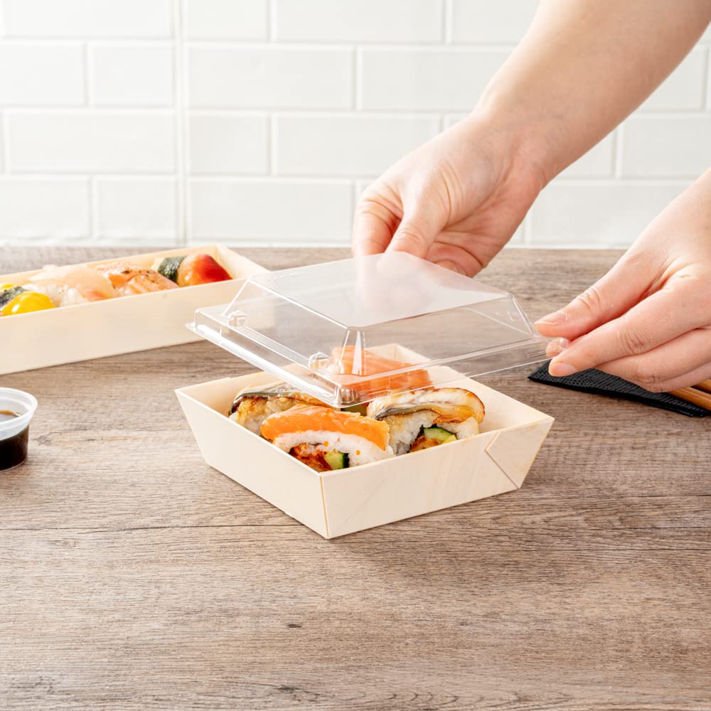 Restaurantware 100 Pack Clear Plastic Lids 5.3 x 5.3 x 1 Inch - Square Transparent To-Go Container Lids for 14 oz Flare Wooden Food Boxes (Containers Sold Separately) | Perfect for Takeout, Meal Prep & Catering
