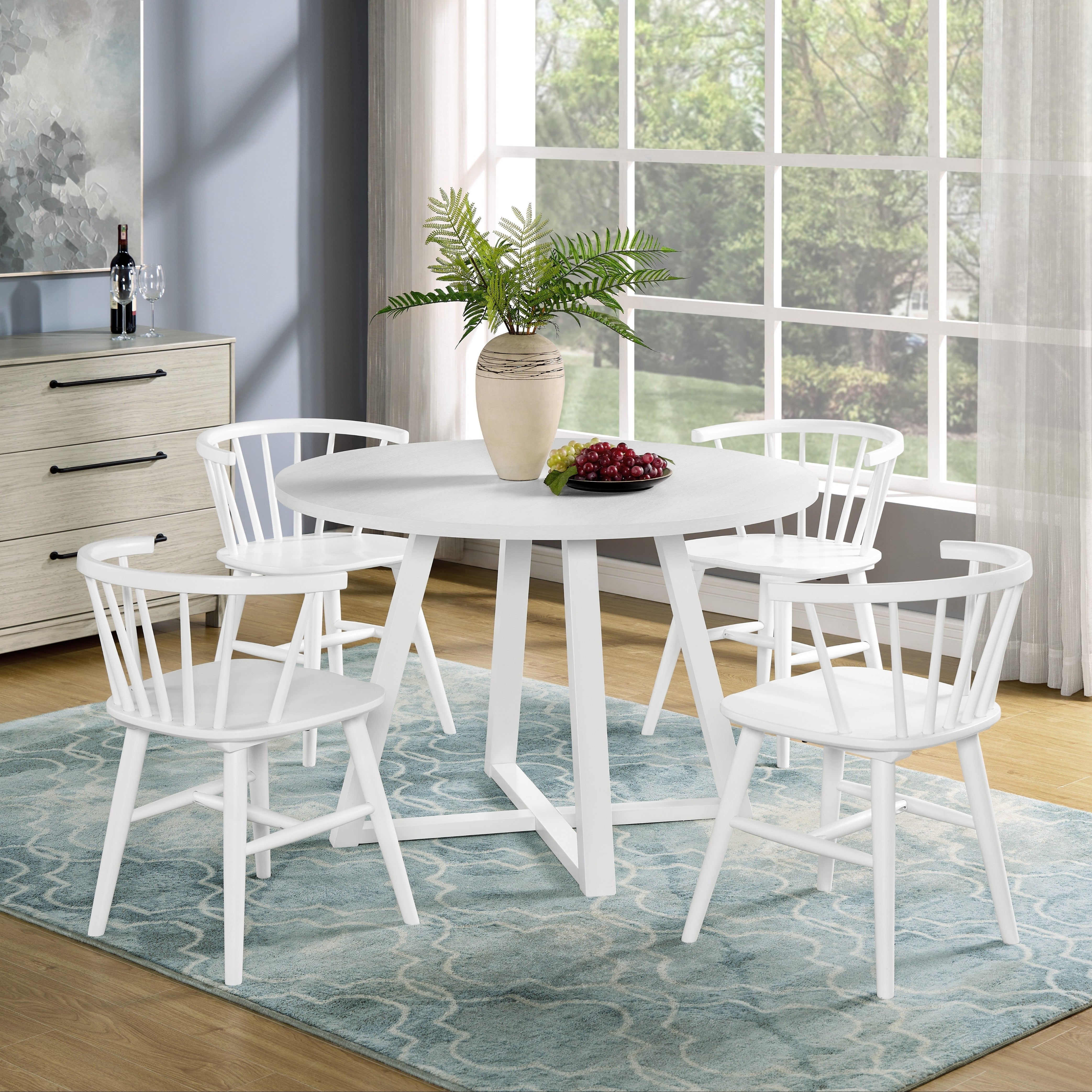 Roundhill Furniture Edo Wood 5-Piece Dining Set - White Trestle Dining Table with 4 Windsor Chairs for Kitchen, Dining Room & Small Space | Farmhouse Style Home Decor