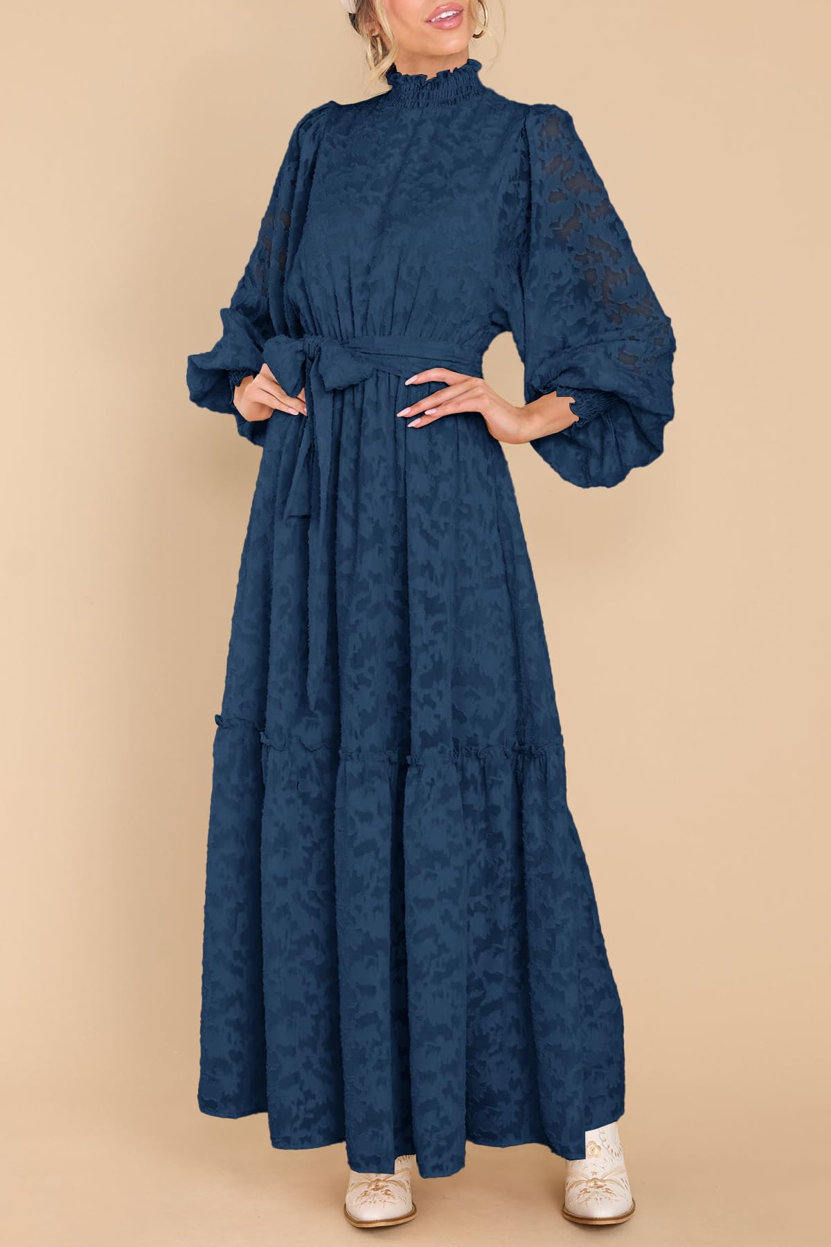 Elegant Floral Print Women's Fall Maxi Dress with High Neck, Long Sleeves & Elastic Waist - Formal Occasion Wear for Weddings, Parties & Office Events