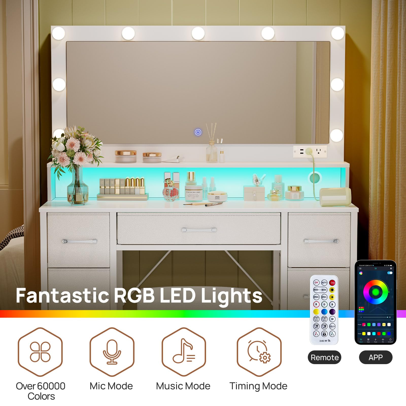 Rolanstar White Vanity Desk with Mirror & LED Lights - Makeup Vanity Set with Upholstered Stool, 7 Fabric Drawers, 9 Dimmable Bulbs & Power Outlets - Bedroom Vanity with RGB Strip Lights for Makeup, Dressing & Home Decor