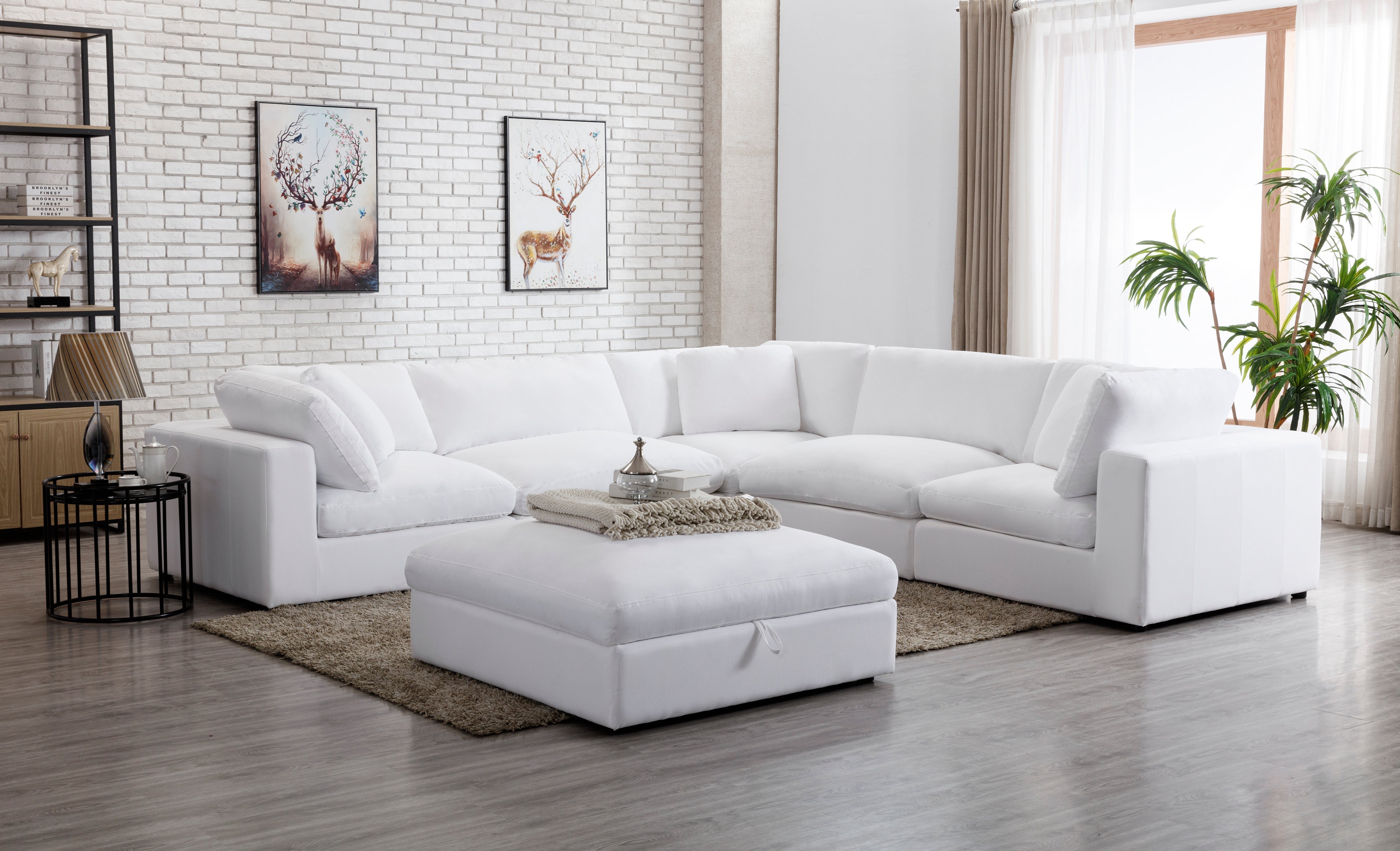 Rivas Contemporary Feather Fill 6-Piece Modular L-Shaped Sectional Sofa with Ottoman in White - Perfect for Living Room, Lounge & Family Room Decor