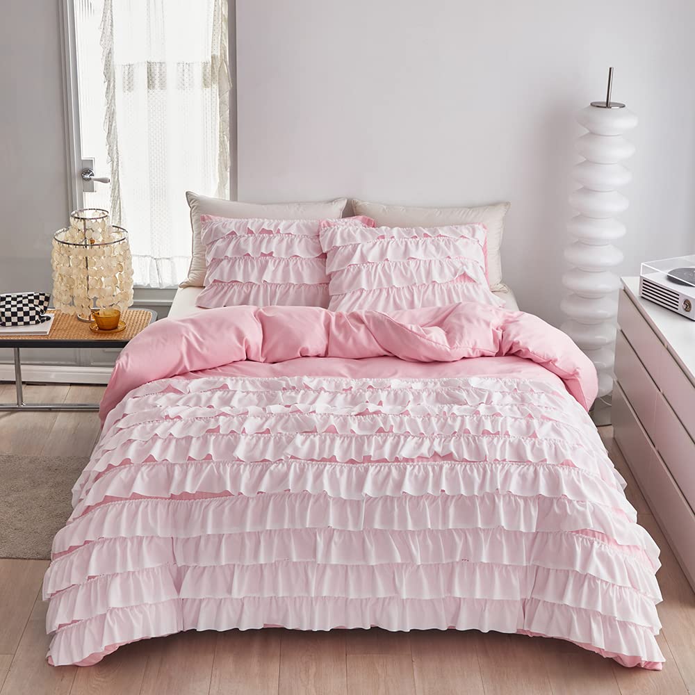 Princess Duvet Cover Set with Multi-Layer Ruffles - Waterfall Ruffle Quilt Bedding Set for Girls (Pink, King Size) | Perfect for Kids' Bedrooms, Nursery Decor & Princess-Themed Sleepovers