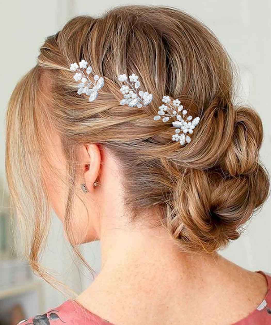 YBSHIN Silver Crystal Pearl Bridal Hair Pins - Rhinestone Hair Clips for Wedding, Prom & Special Occasions - Elegant Hair Accessories for Women & Girls (Pack of 3) | Perfect for Brides, Bridesmaids & Formal Events