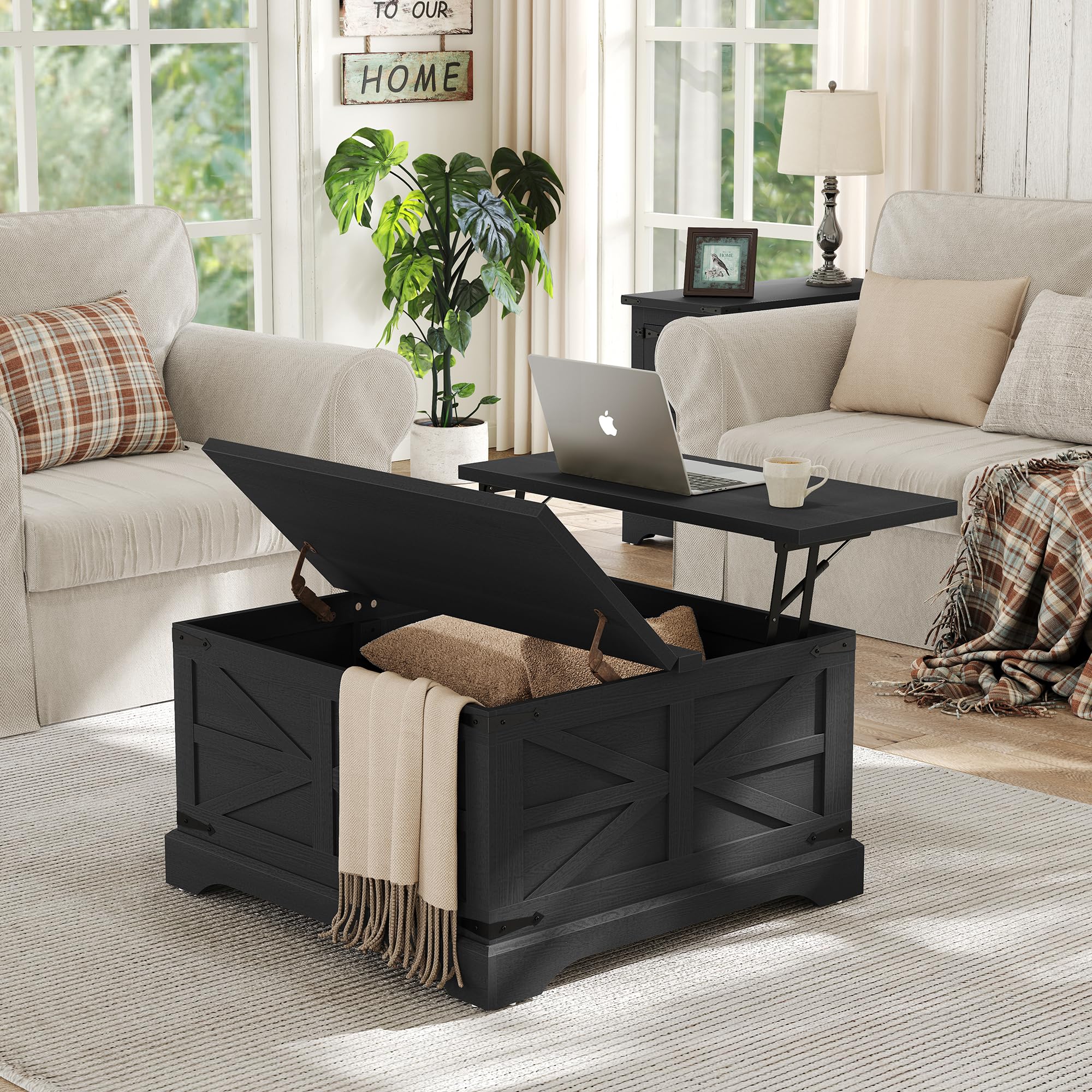 Farmhouse Lift Top Coffee Table with Hidden Storage - Square Rustic Wood Center Table for Living Room, Hinged Lift Top Cocktail Table - Perfect for Small Spaces, Home Office, and Cozy Farmhouse Decor (Black)