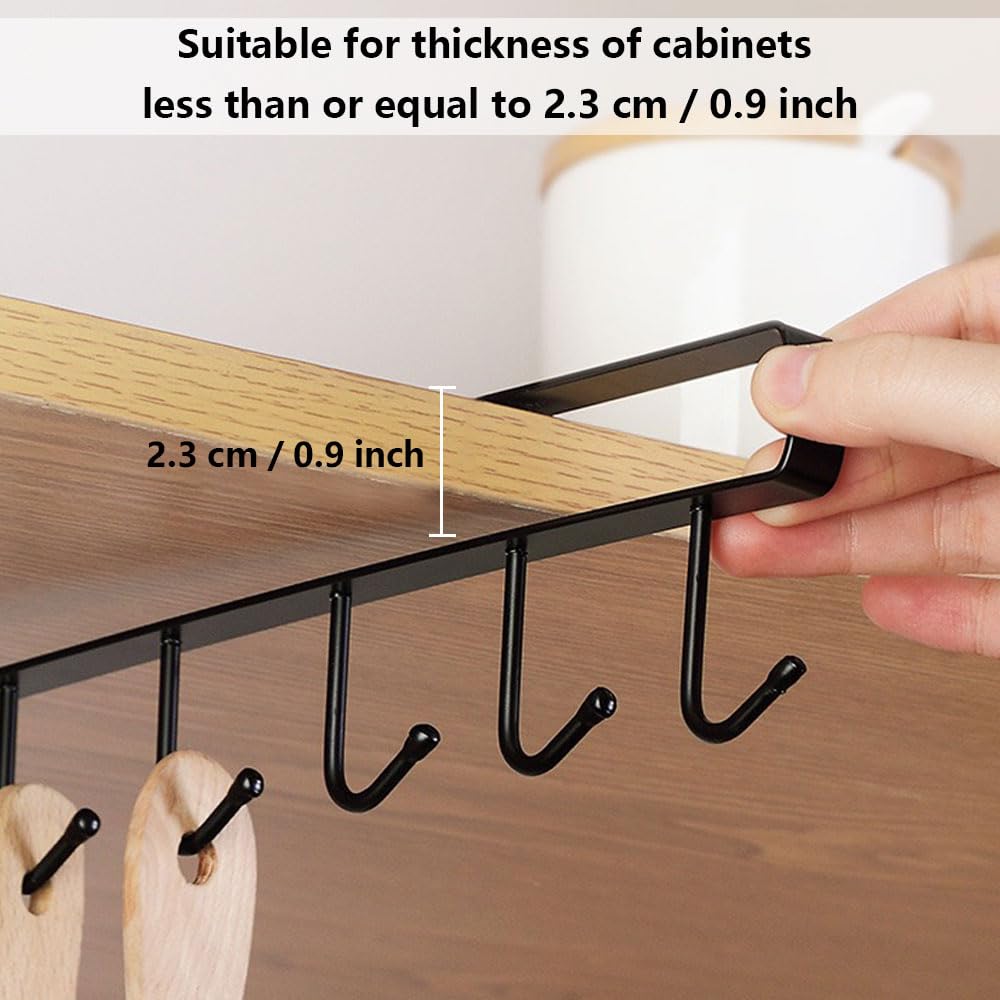 2 Pack Under Cabinet Mug Hooks Rack - No Drill Cup Holder Hanger with Adhesive Stickers (6 Hooks) for Mugs, Ties, Belts & Scarfs - Space Saving Kitchen Organizer for Coffee Cups, Utensils & Accessories