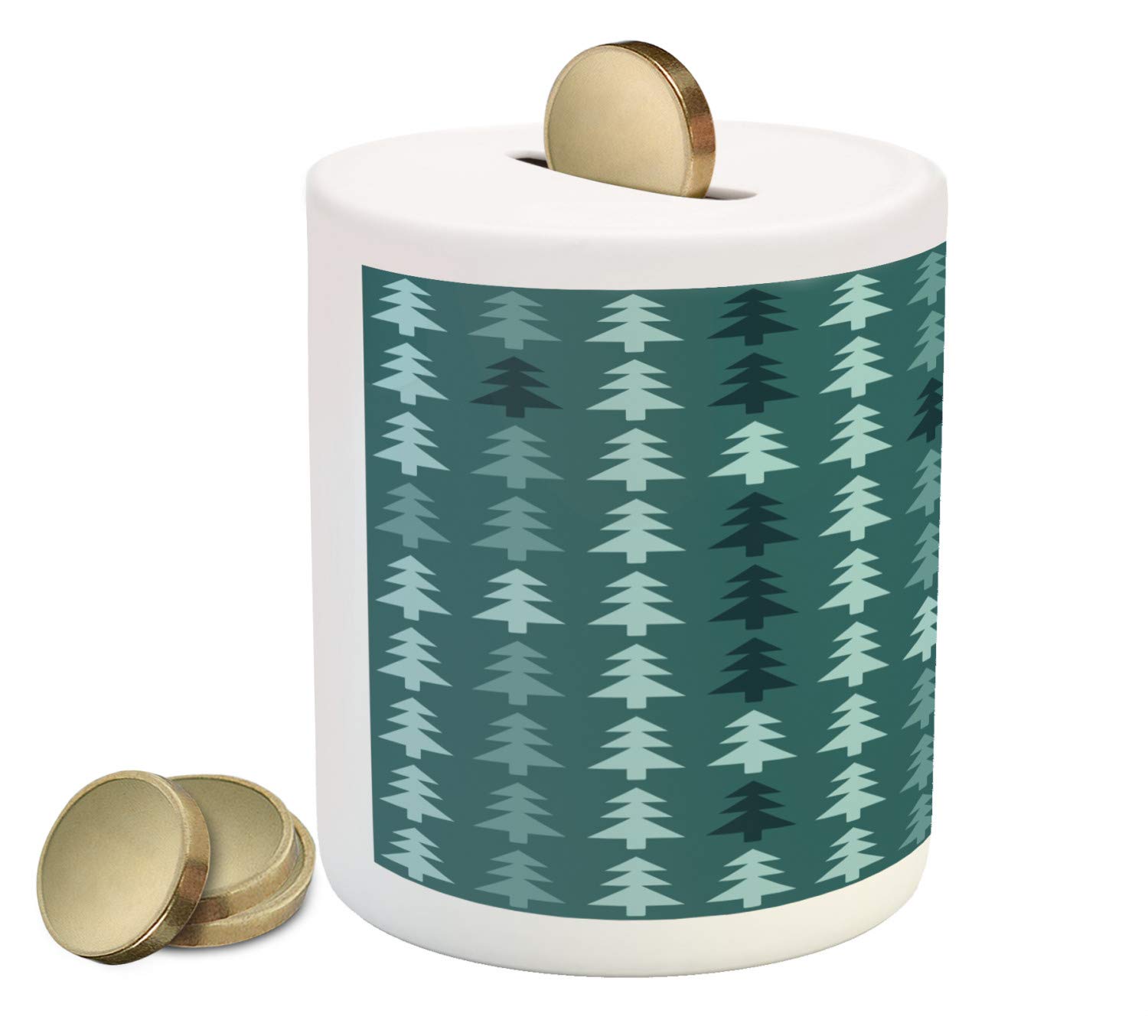 Ambesonne Teal Ceramic Piggy Bank with Abstract Pine Tree Silhouette Design - Christmas Winter Forest Pattern Coin Bank for Cash Savings | Perfect Gift for Kids, Home Decor & Holiday Savings