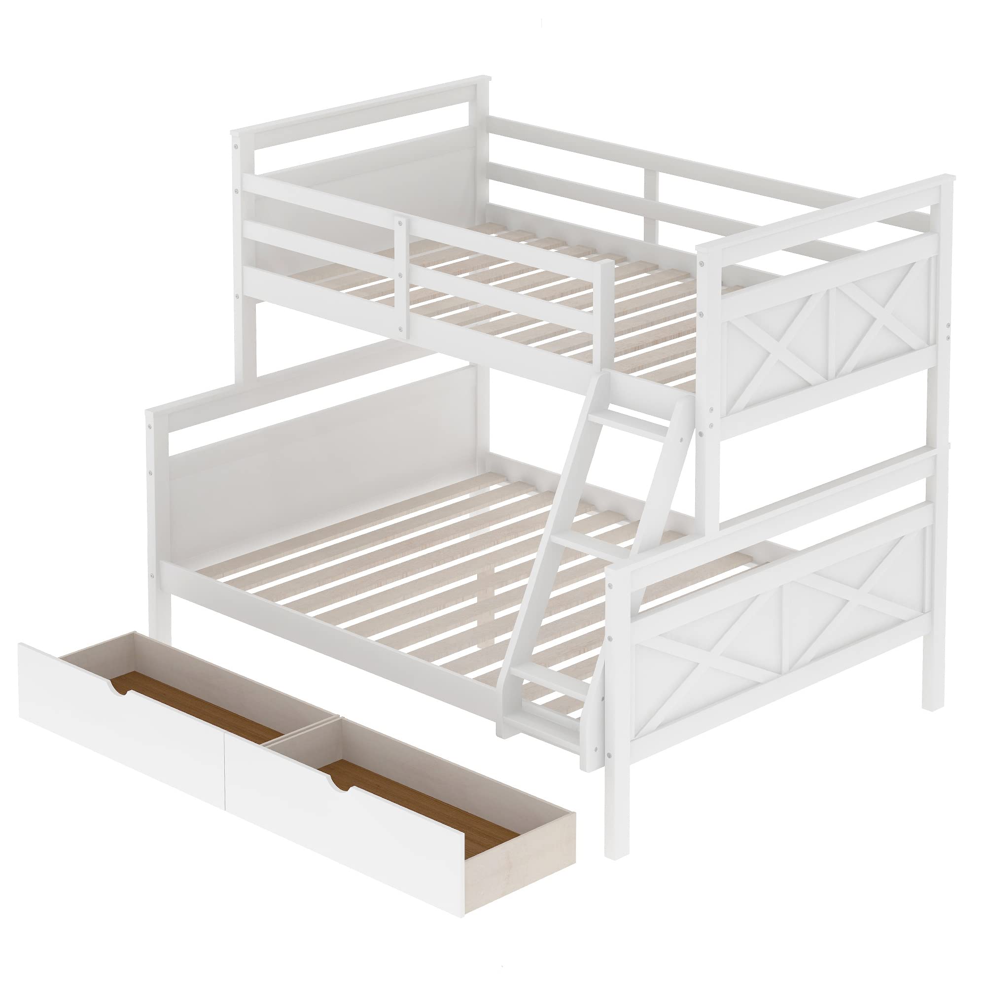 Twin Over Full Loft Bed with Ladder - Sturdy Wooden Bunk Bed with 2 Storage Drawers & Safety Guardrail - White Space-Saving Kids Bedroom Furniture for Small Rooms & Dorm Rooms