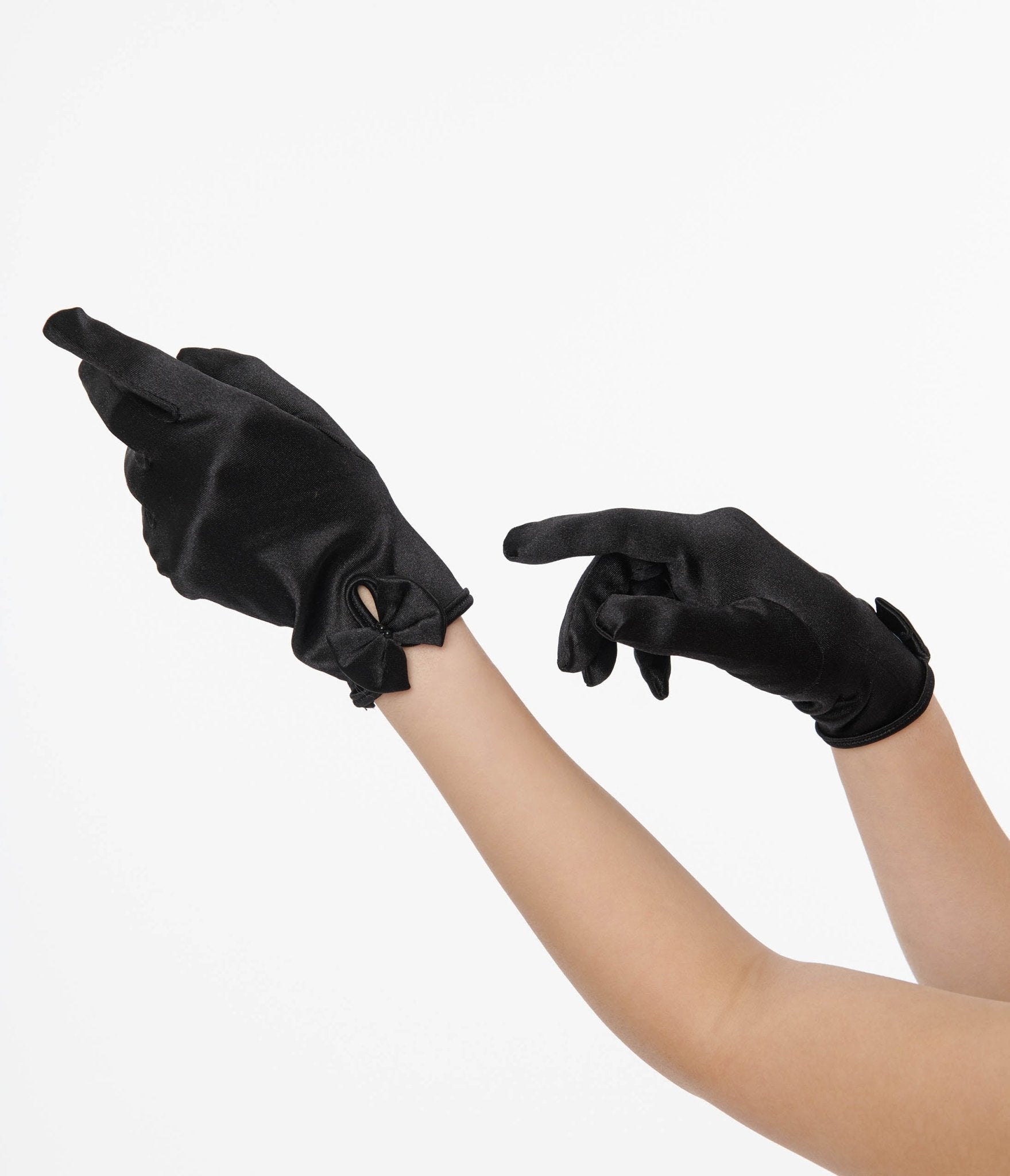 Vintage 1950s Black Satin Bow Gloves - Retro Elegant Women's Fashion Accessories for Evening Parties, Weddings & Special Occasions
