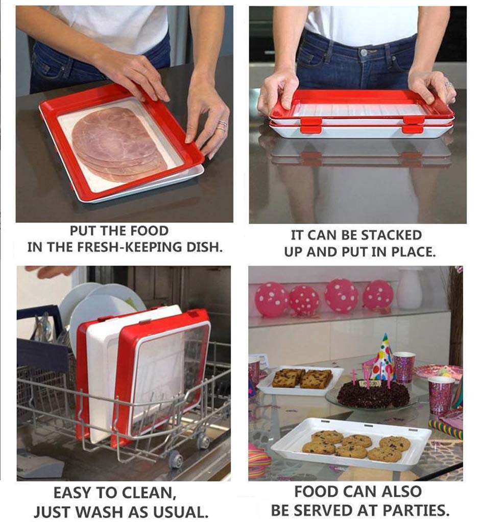 Vacuum Sealed Food Storage Containers with Magic Elastic Film Buckle - 2 Pack Plastic Preservation Trays for Fresh Fruits, Vegetables & Meal Prep | Airtight Kitchen Organizer for Refrigerator & Freezer | BPA-Free Food Savers