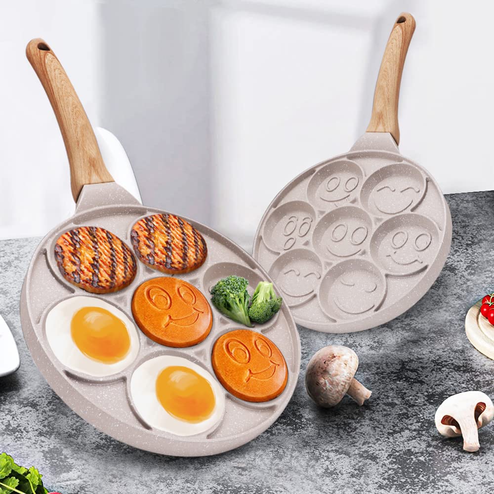 10 Inch Smiley Face Pancake Pan - Nonstick Mini Pancake Maker with 7-Cup Mold, Silver Dollar & Blini Pan, PFOA-Free Breakfast Griddle for Kids & Family - Perfect for Birthday Parties, Weekend Brunches & Fun Breakfasts (White)